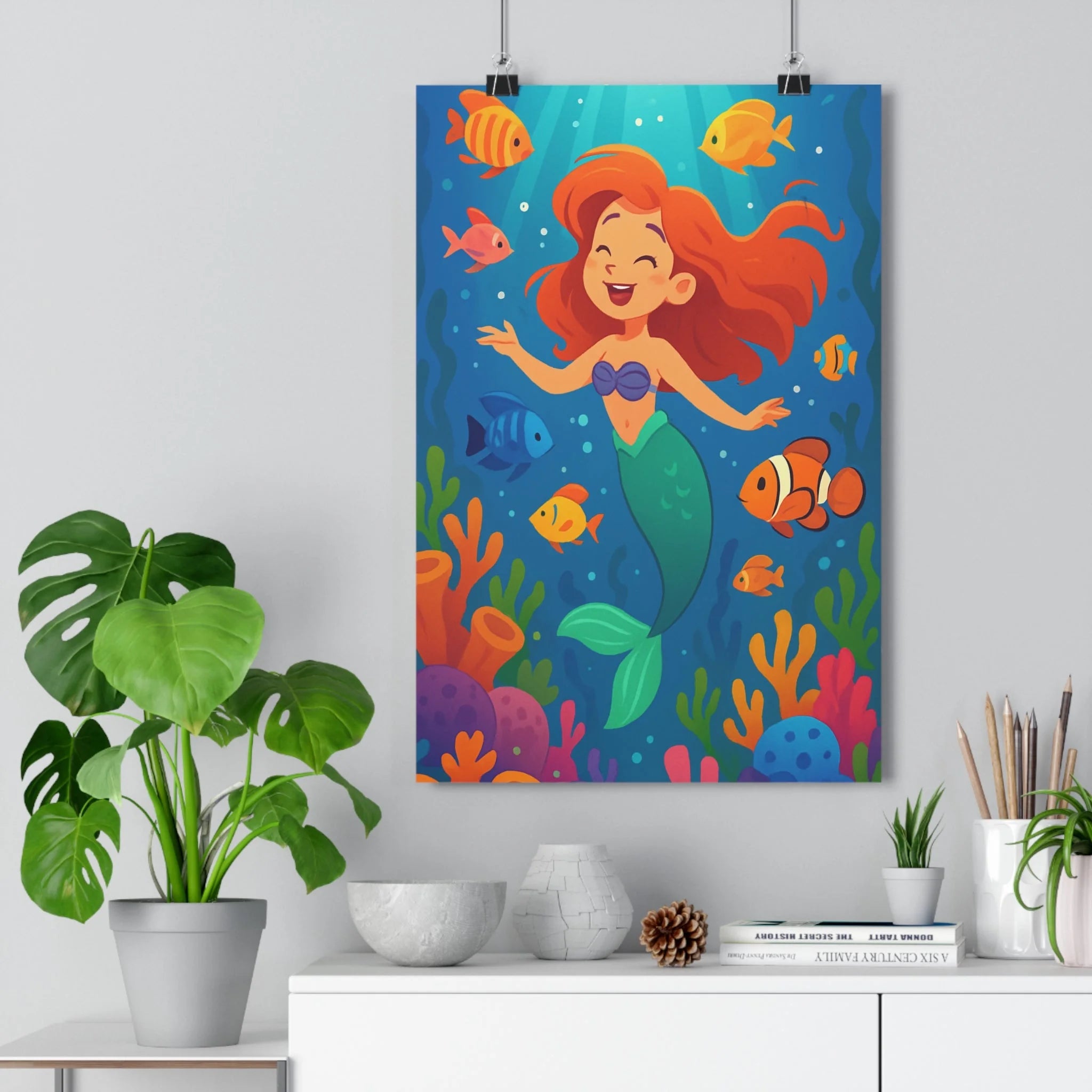 Poster décoratif coloré dessin animé enfant mystique joyeux sirène coraux vibrant ludique 30x46 chambre