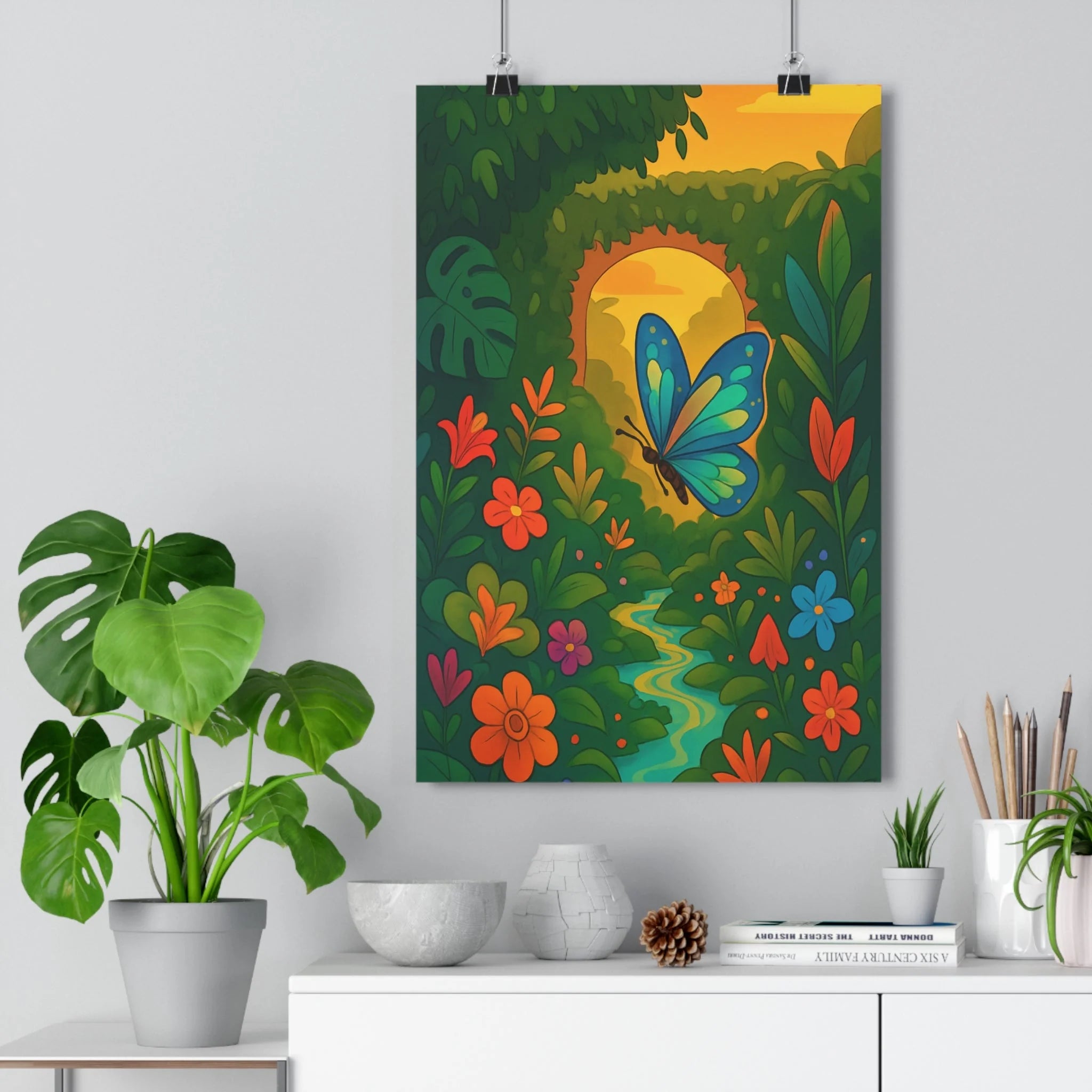 Poster décoratif nature dessin animé bleu vibrant fleurs colorées salon joyeux paysage maison contemporain