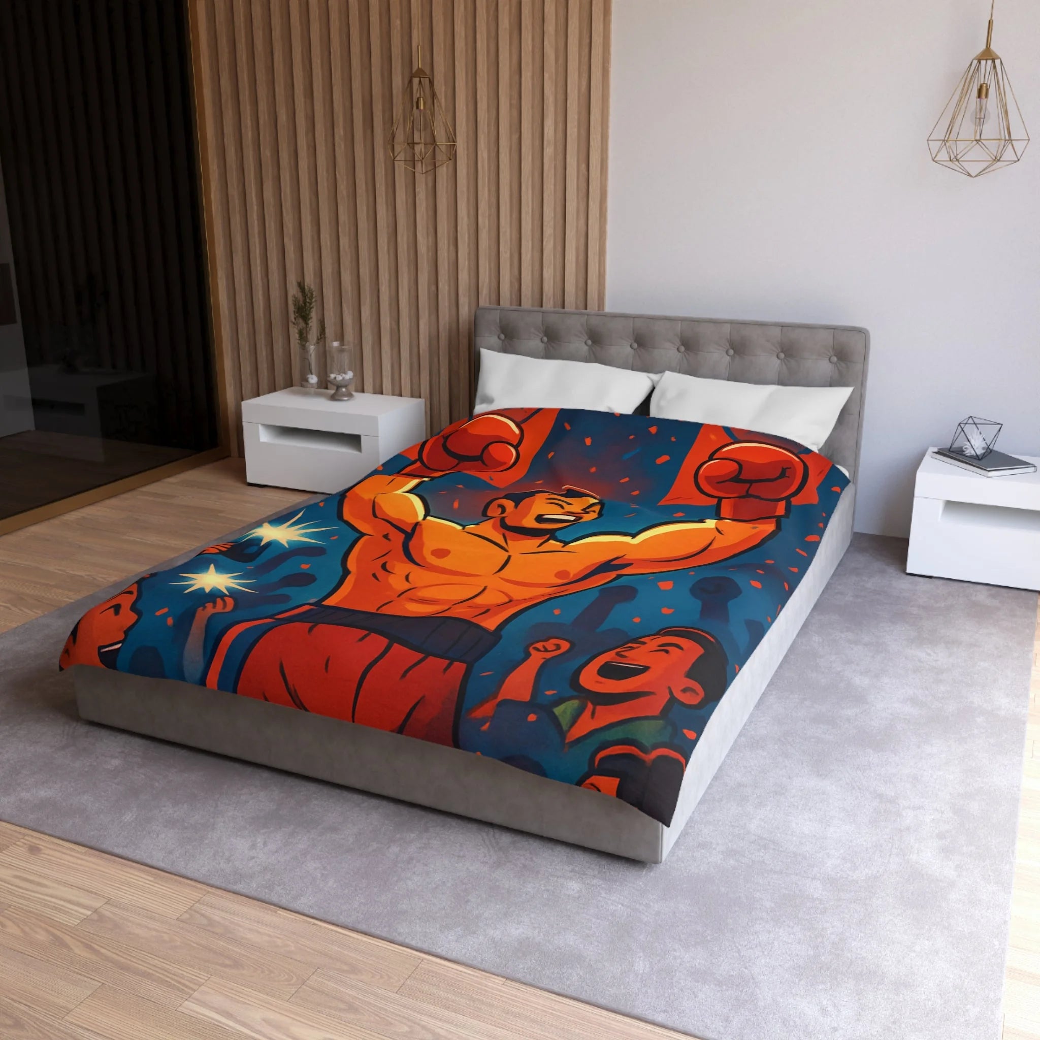 Housse de couette spectaculaire avec illustration de boxeur victorieux et public en liesse