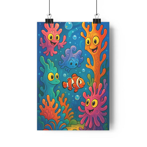 Poster décoratif coloré cartoon joyeux magique enfant chambre coraux fantastique poisson clown vibrant unique
