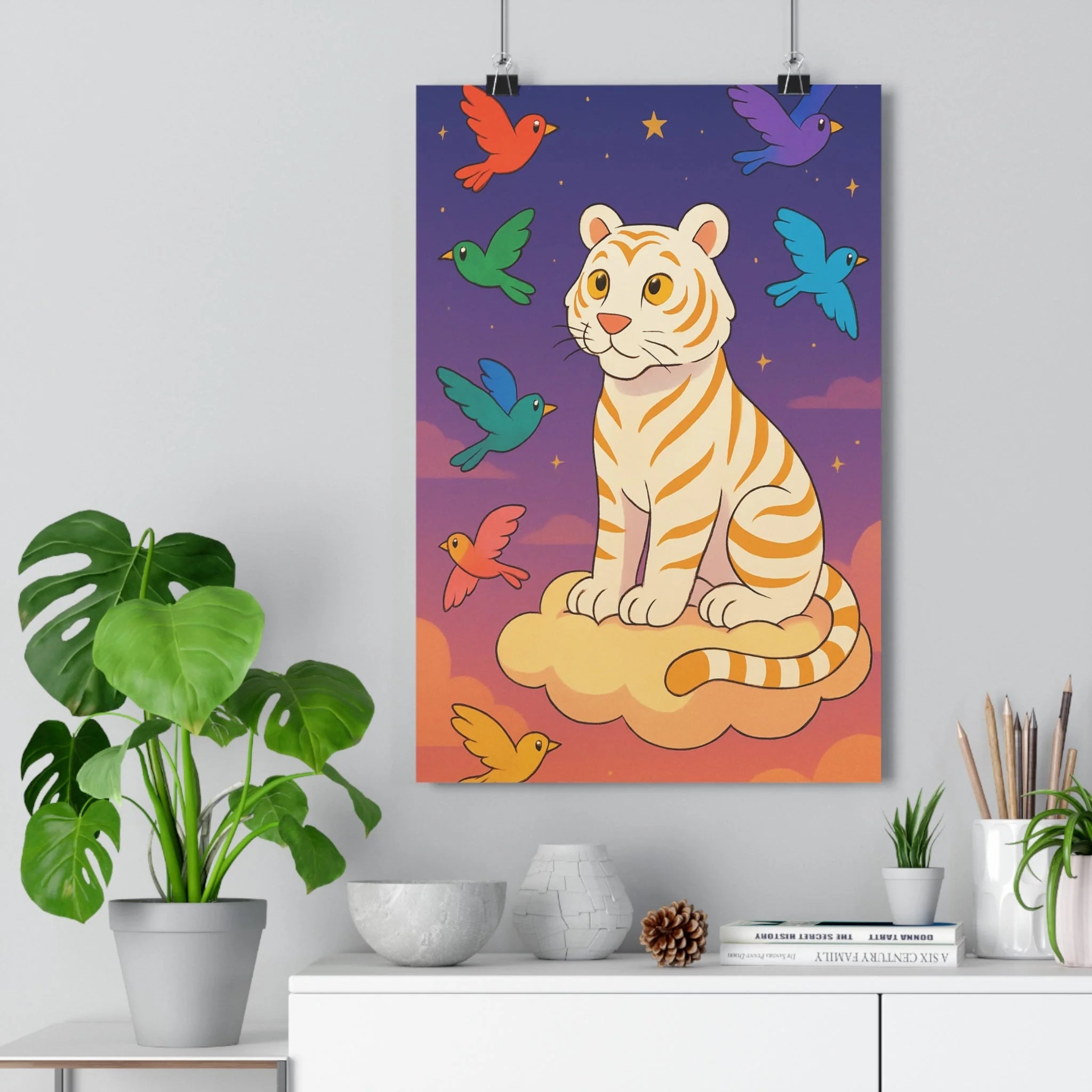 Poster décoratif tigre céleste blanc doré mystique oiseaux colorés salon chambre art mural poétique