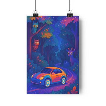 Poster voiture forêt hibou girafe nuit arbres feuilles couleur vives bleu rouge vert cartoon dynamique magique chambre salon