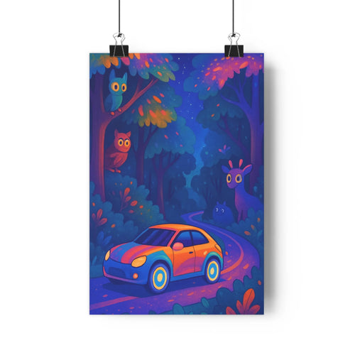 Poster voiture forêt hibou girafe nuit arbres feuilles couleur vives bleu rouge vert cartoon dynamique magique chambre salon