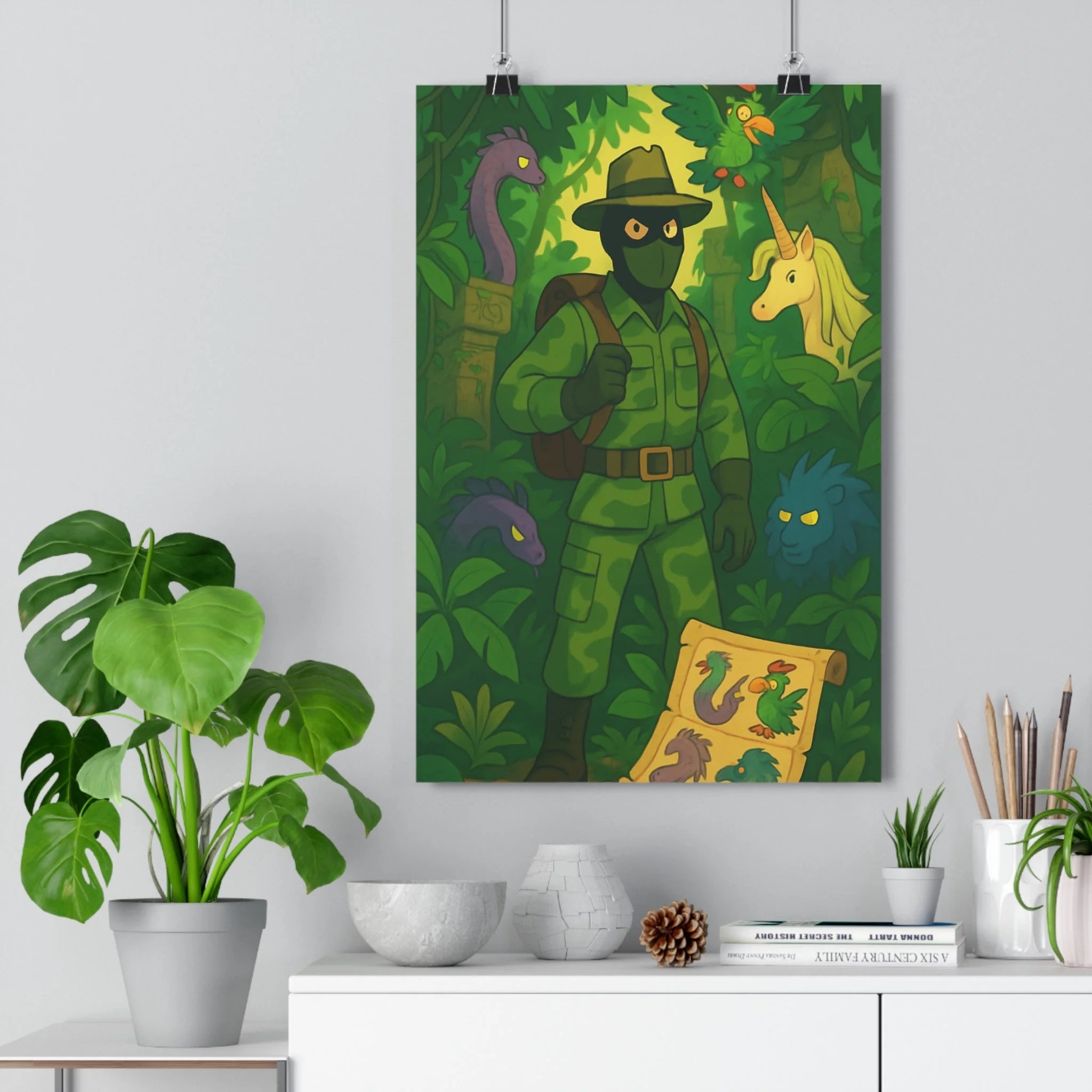 Poster décoratif jungle mystique vert violet enfant créature fantastique aventure dessin animé captivant 30x46