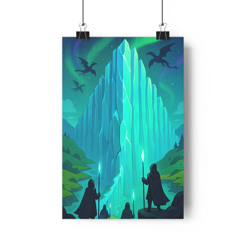 Poster fantastique dragons cascade cristalline personnages silhouettes torches collines verdoyantes ciel étoilé lumineux bleu violet ambiance mystérieuse moderne salon mur