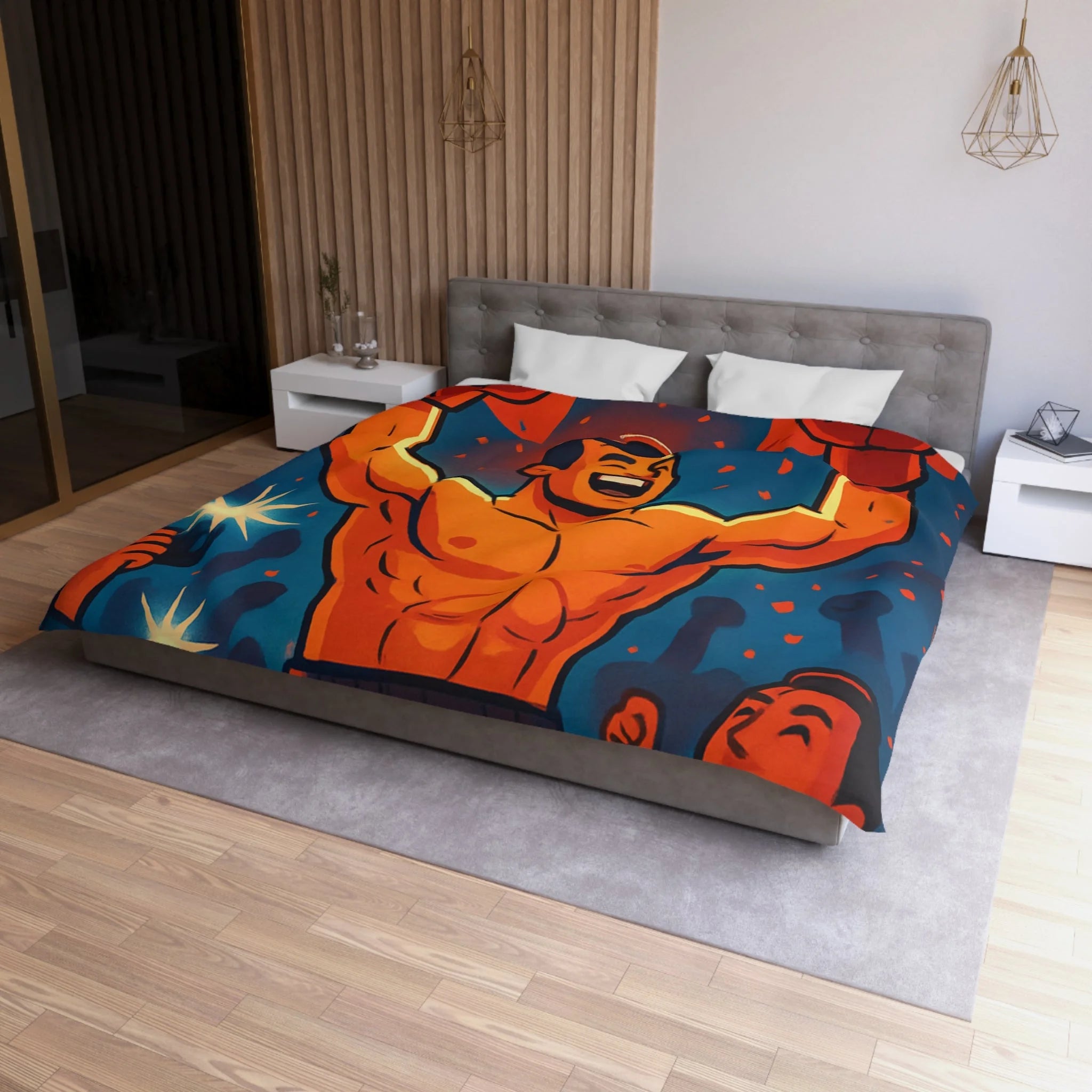 Housse de couette spectaculaire avec illustration de boxeur victorieux et public en liesse