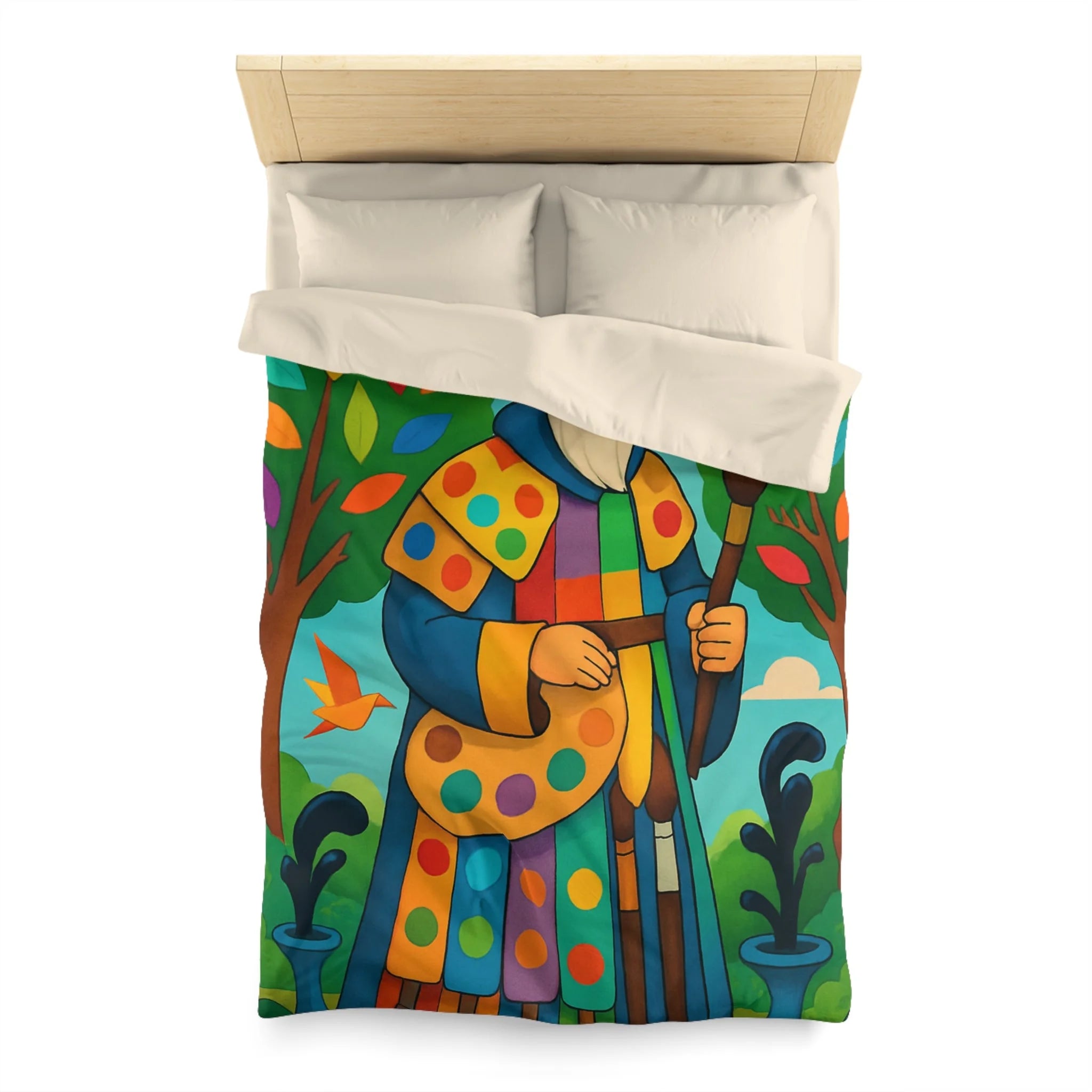 Housse de couette multicolore avec roi et oiseaux dans un jardin enchanteur