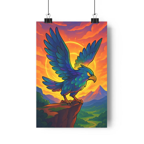 Poster oiseau faucon rocher ciel nuages oranges rouges lune jaune montagnes vallées verdoyantes bleu vibrant graphique dynamique paisible contemplatif salon