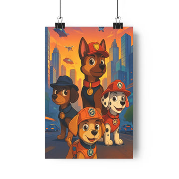Poster chiens héros pompier travailleurs ville urbaine crépuscule rouge bleu contours nets expressions faciles ambiance joyeuse moderne chambre salon