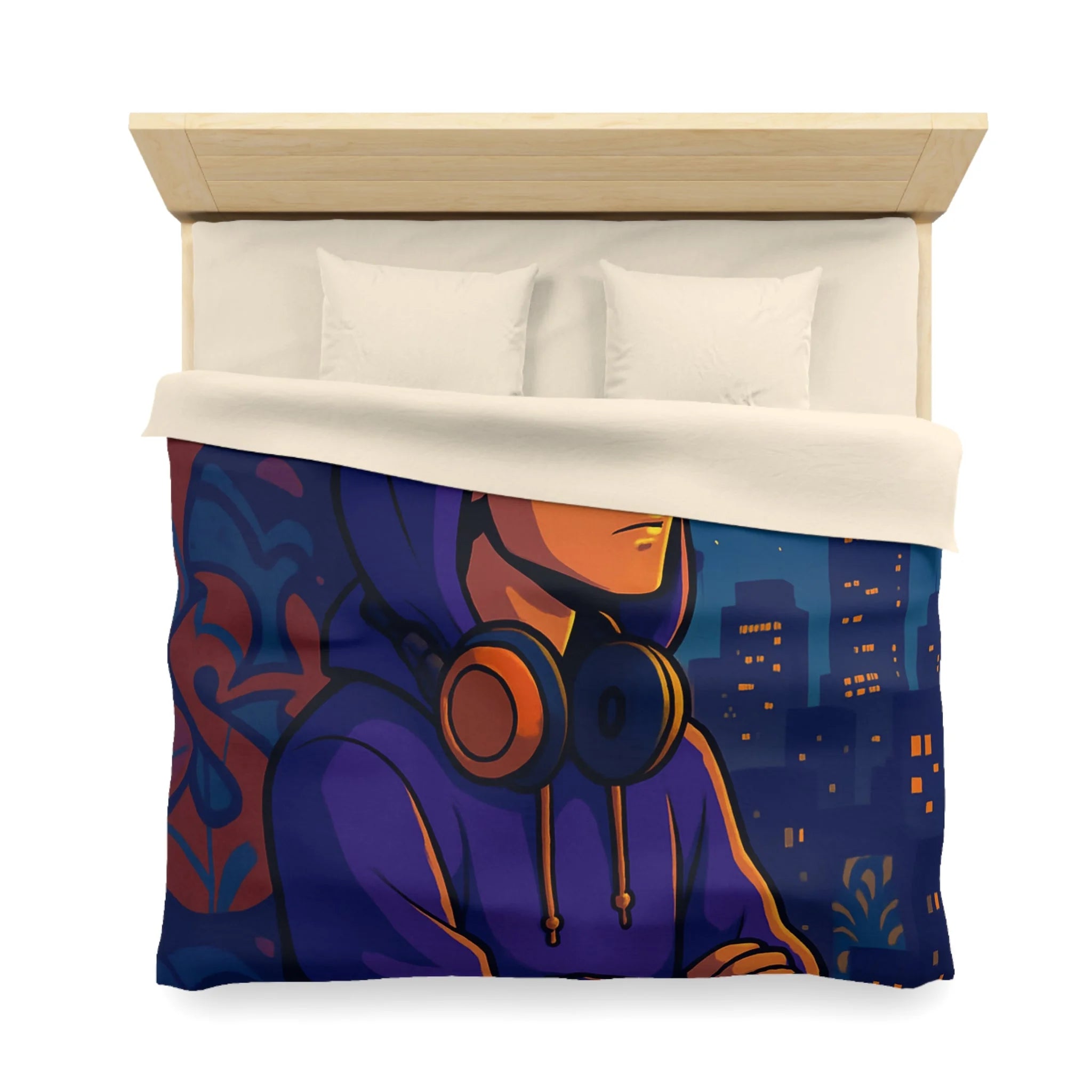 Housse de Couette Style Urbain avec Motifs Musique et Paysage Nocturne Animé