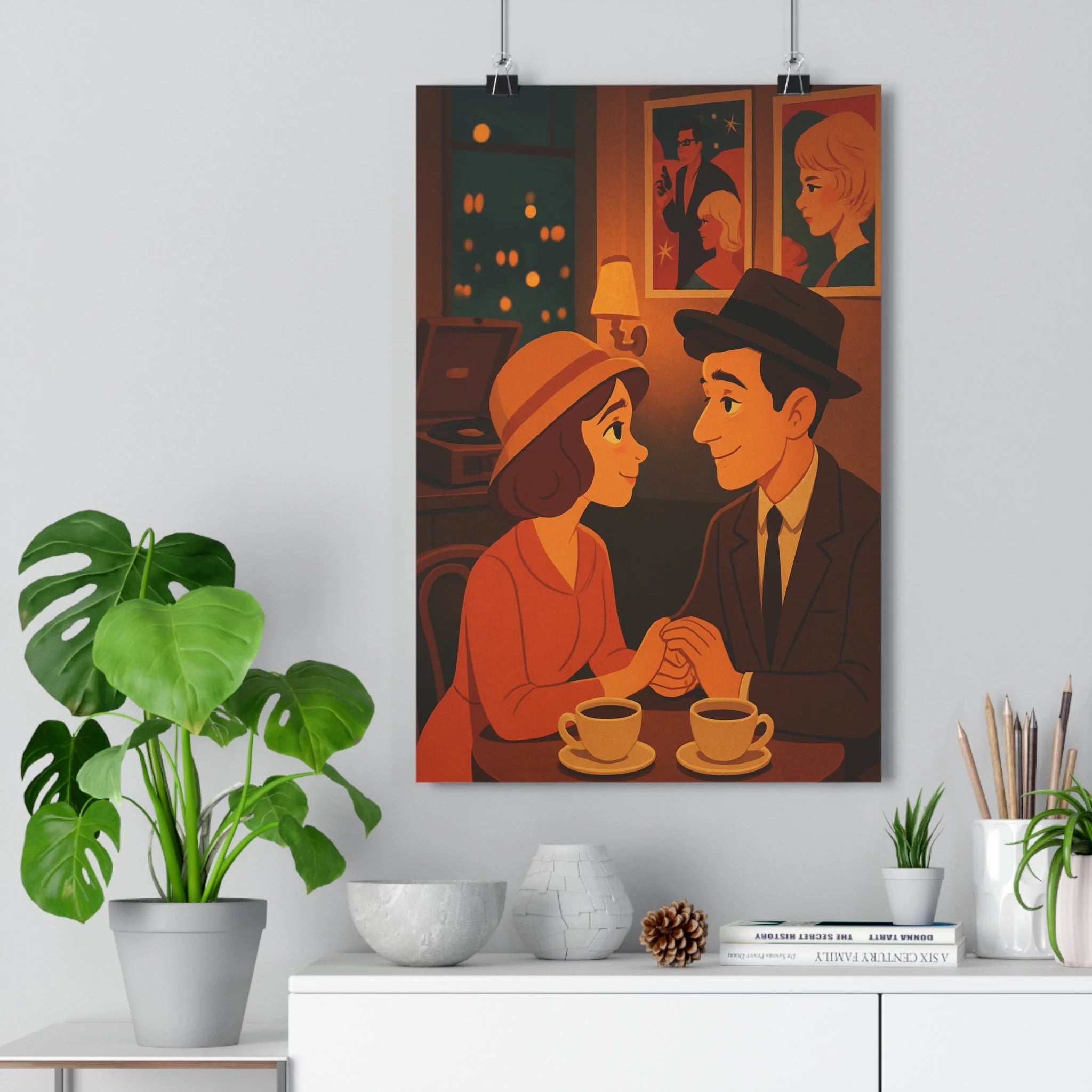 Poster décoratif romantique vintage anime tons chauds salon chambre nostalgique intime rétro café couple