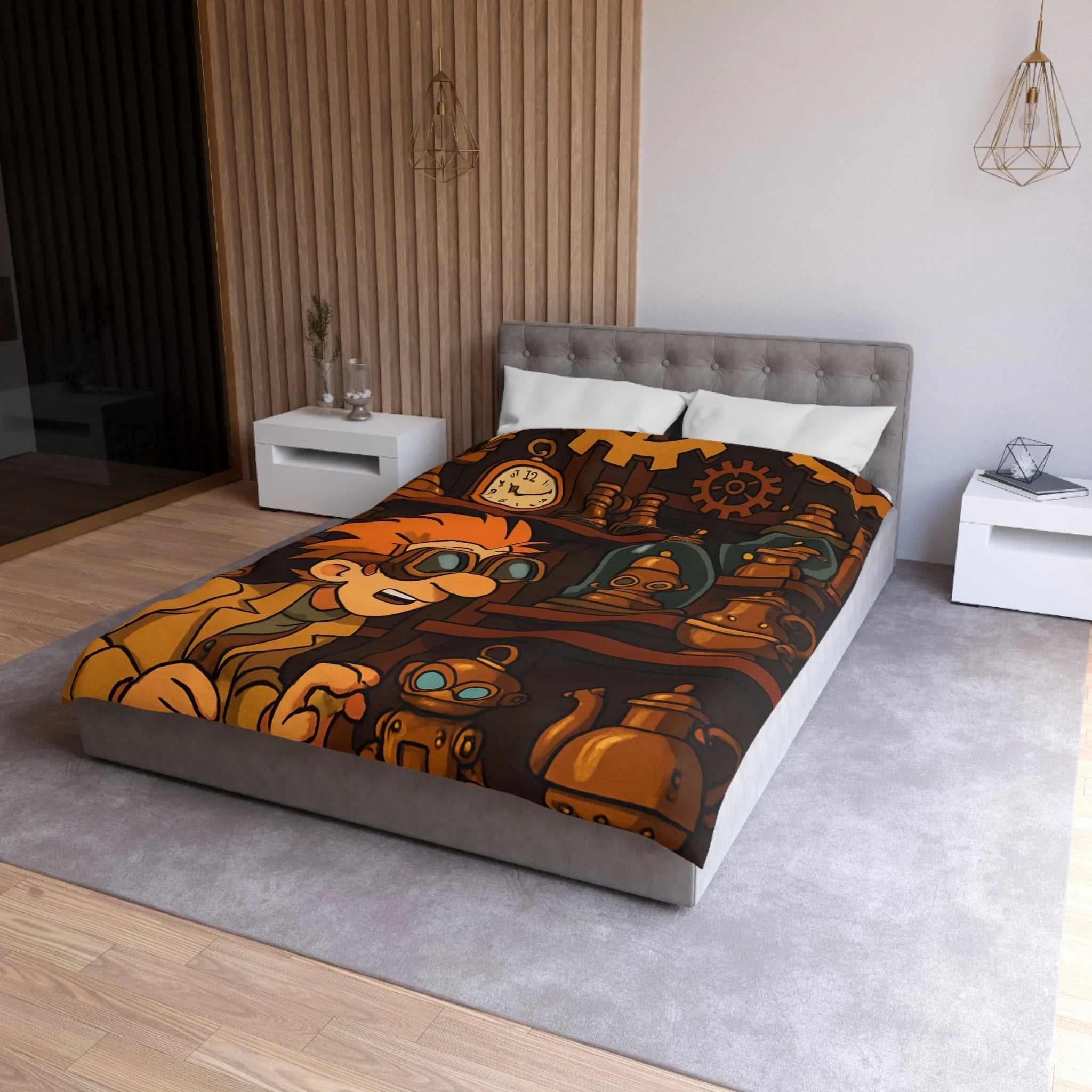 Housse de couette steampunk avec engrenages dorés et inventeur aux lunettes futuristes
