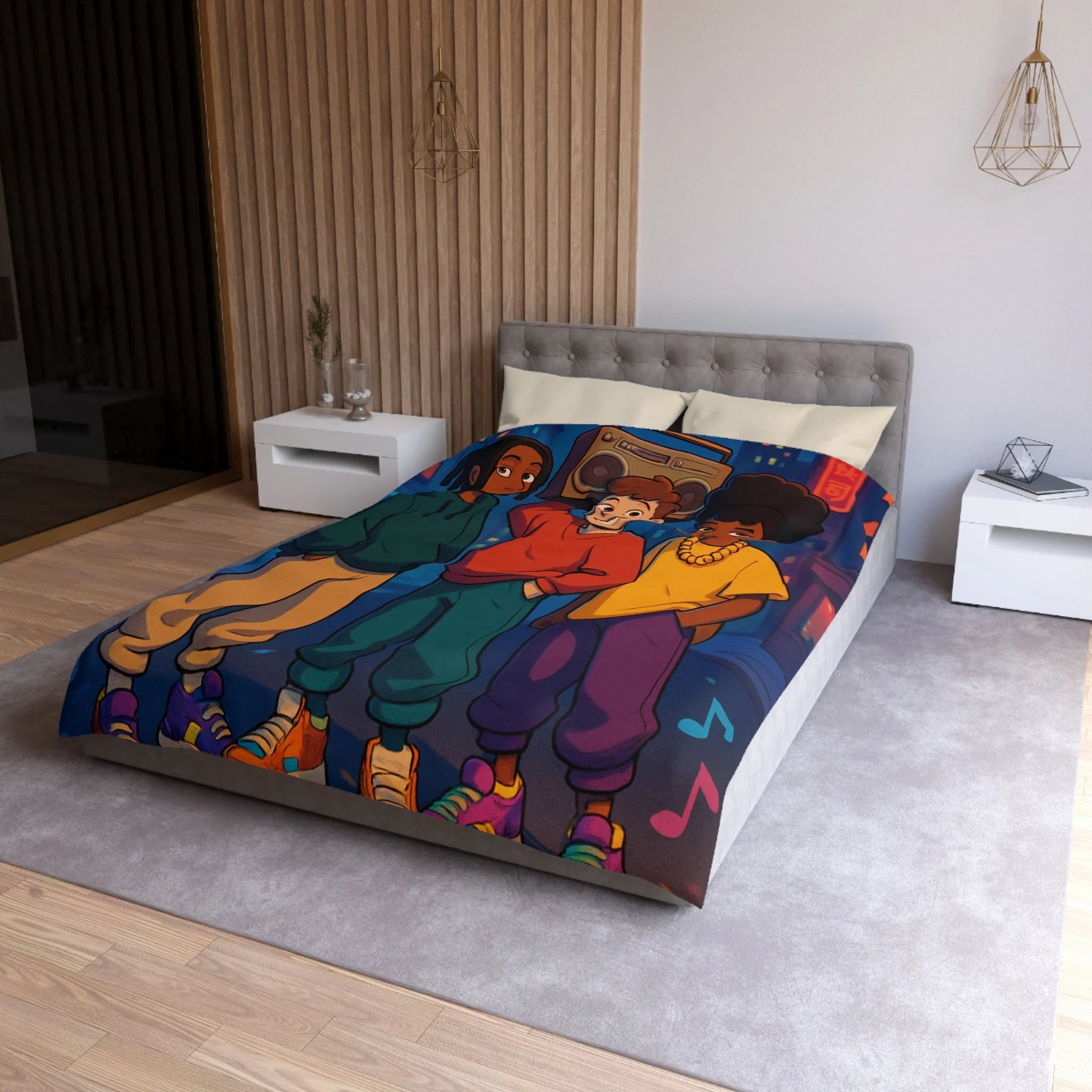 Housse de couette urbaine colorée avec adolescents et radio cassette dans la rue nocturne