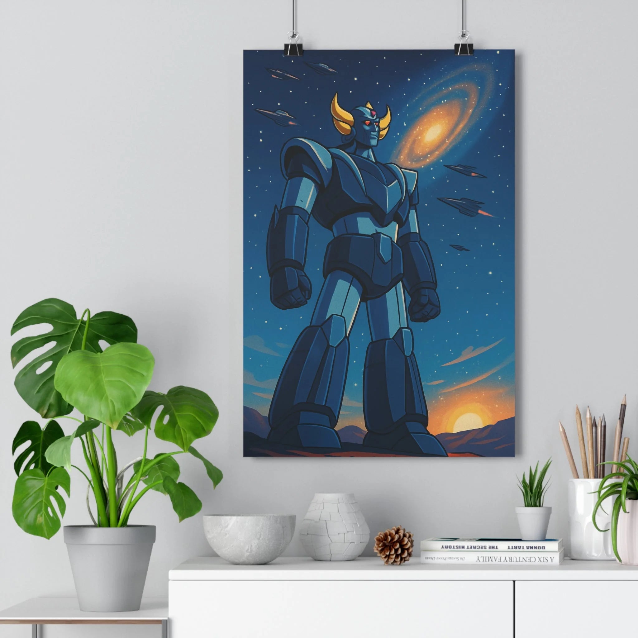 Poster décoratif rétrofuturiste anime bleu oranger chambre céleste épique robot galaxie étoilé style vintage