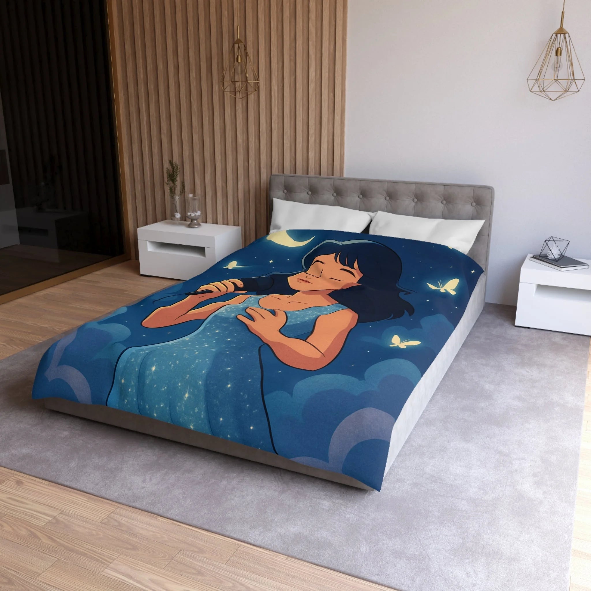 Housse de couette rêveuse avec chanteuse, papillons, lune et ciel étoilé bleu