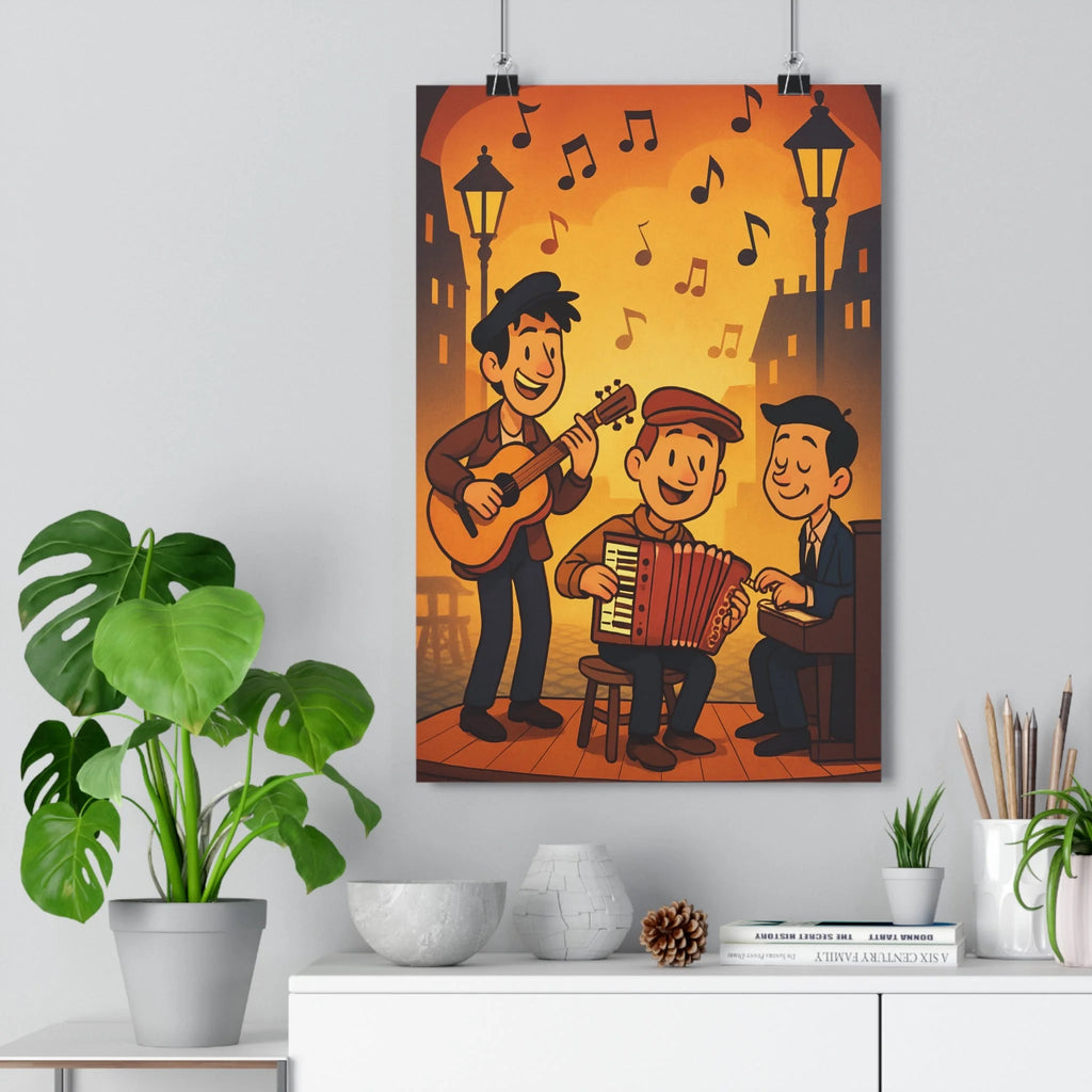 Poster décoratif rétro vintage orange marron salon musique scène joyeuse nostalgique chaleureux dessin animé