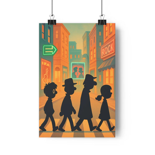 Poster urbain silhouettes ombres enseignes lumineuses rock flèche décor coloré nuances rouges oranges vertes ambiance festive style géométrique moderne salon