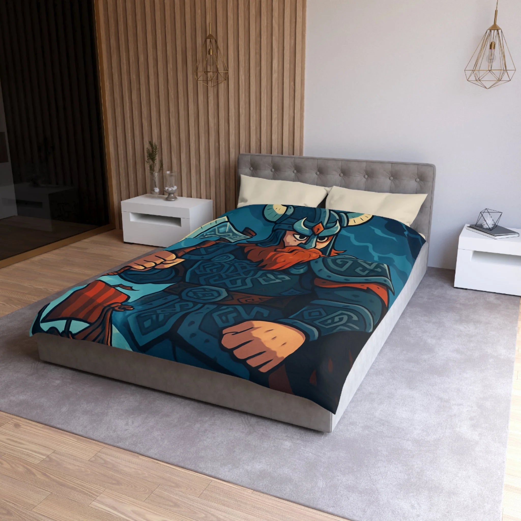Housse de Couette Viking Illustrée avec Guerrier et Drakkar sur Fond Océan Tempétueux