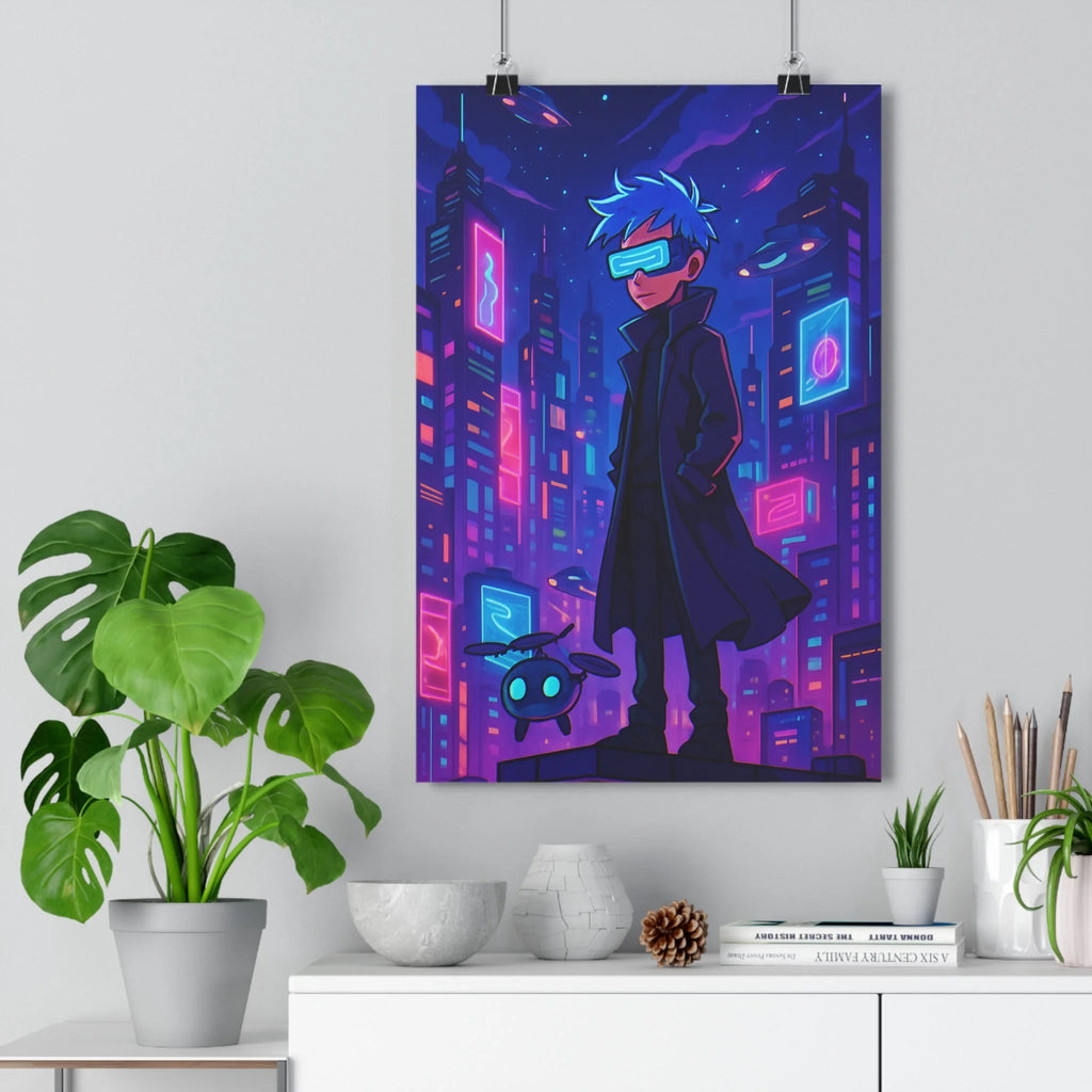 Poster décoratif futuriste néon bleu rose violet urbain moderne chambre salon ambiance dynamique qualité