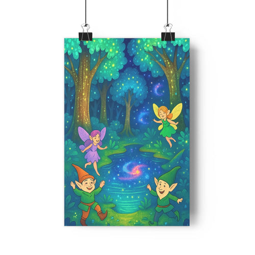 Poster enchantée forêt lutins fées ailes translucides arbres feuilles vertes lumière dorée ciel étoiles ambiance joyeuse fantastique chambre enfant