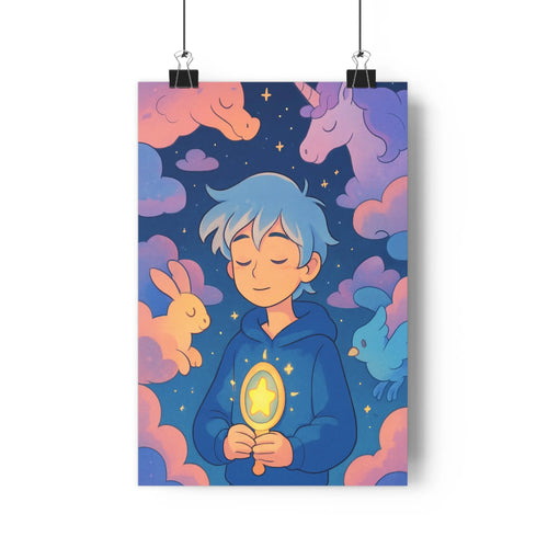 Poster enfant cheveux-bleus lampe-magique étoile nuages-colorés licornes oiseaux ciel-nocturne plantes-vertes étagère-livres couleurs-vives ambiance-fantastique style-cartoon douceur-rêverie