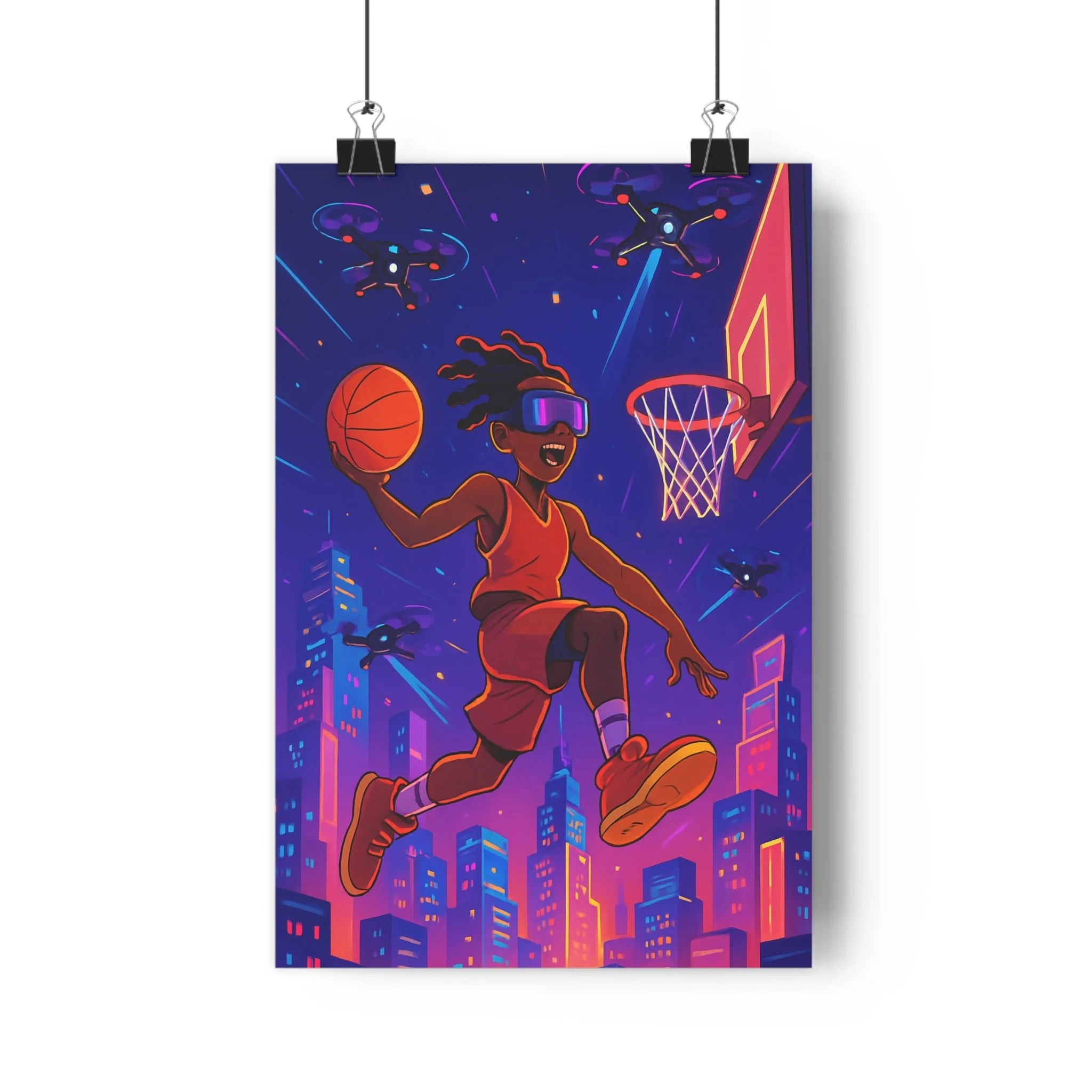 Poster décoratif violet orange cyberpunk dynamique chambre jeu art moderne vibrant urbain futuriste basket