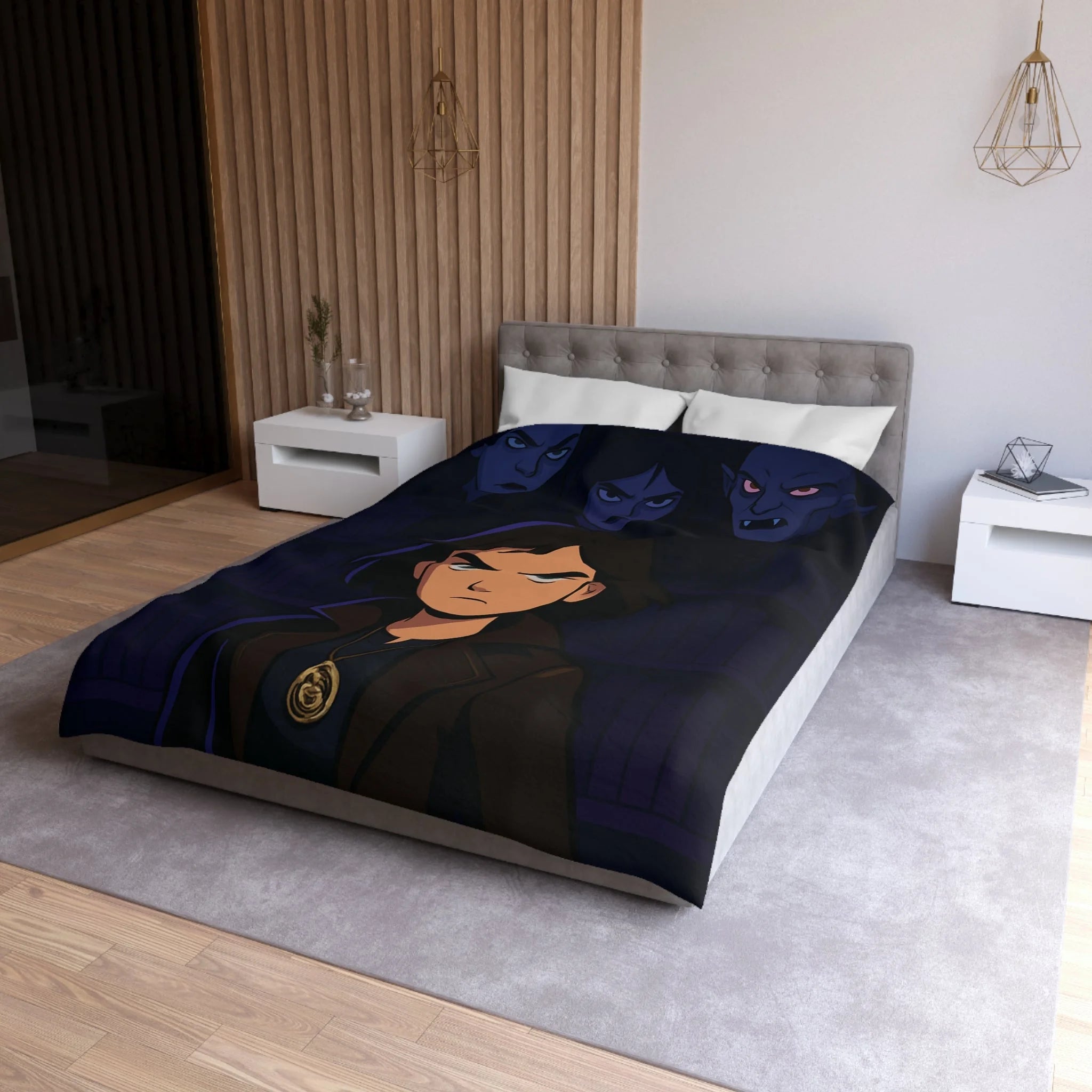 Housse de couette mystérieuse avec personnage sombre et biblio-thème style graphique