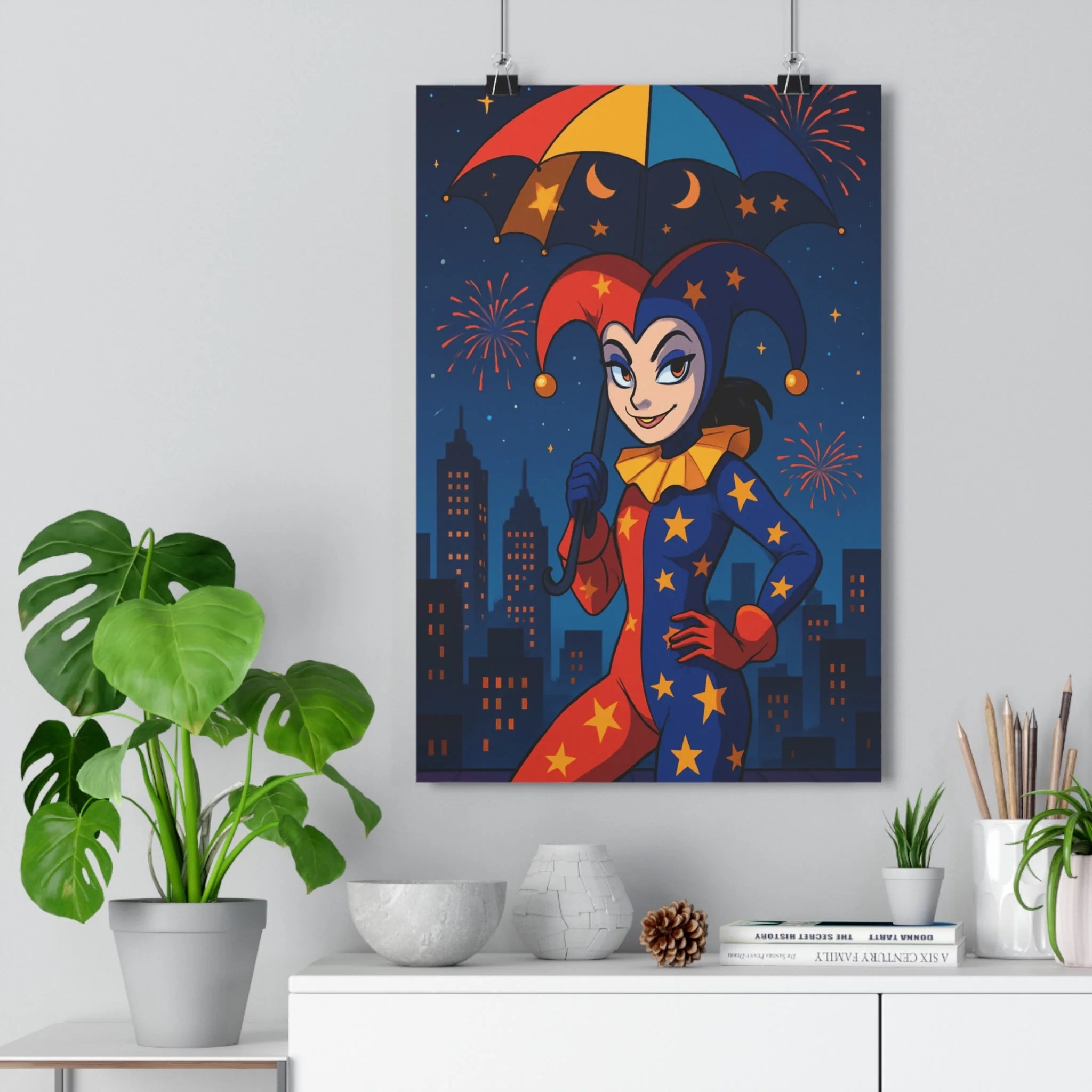 Poster décoratif anime rouge bleu nocturne joyeux salon chambre art mural festif vibrant qualité