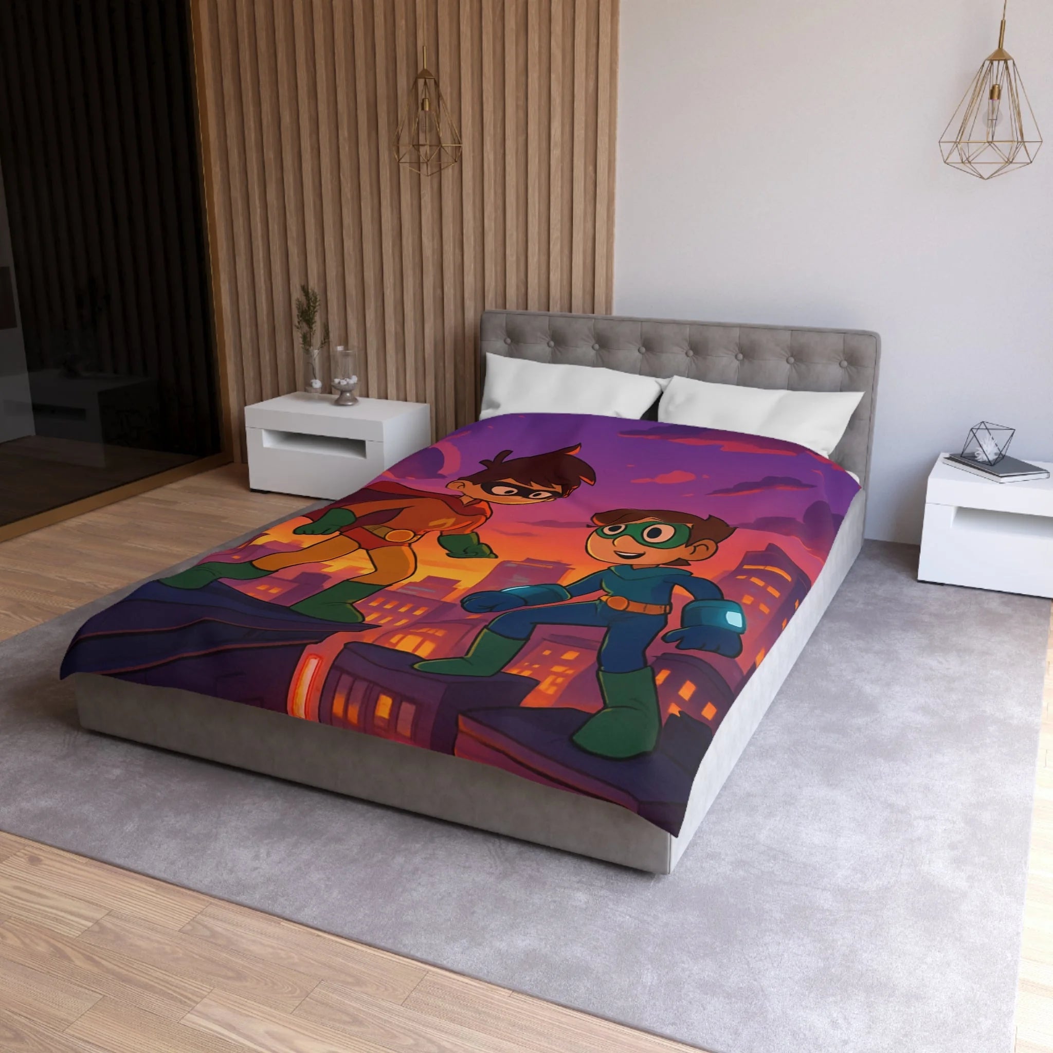Housse de couette pour enfants avec deux jeunes super-héros au coucher du soleil