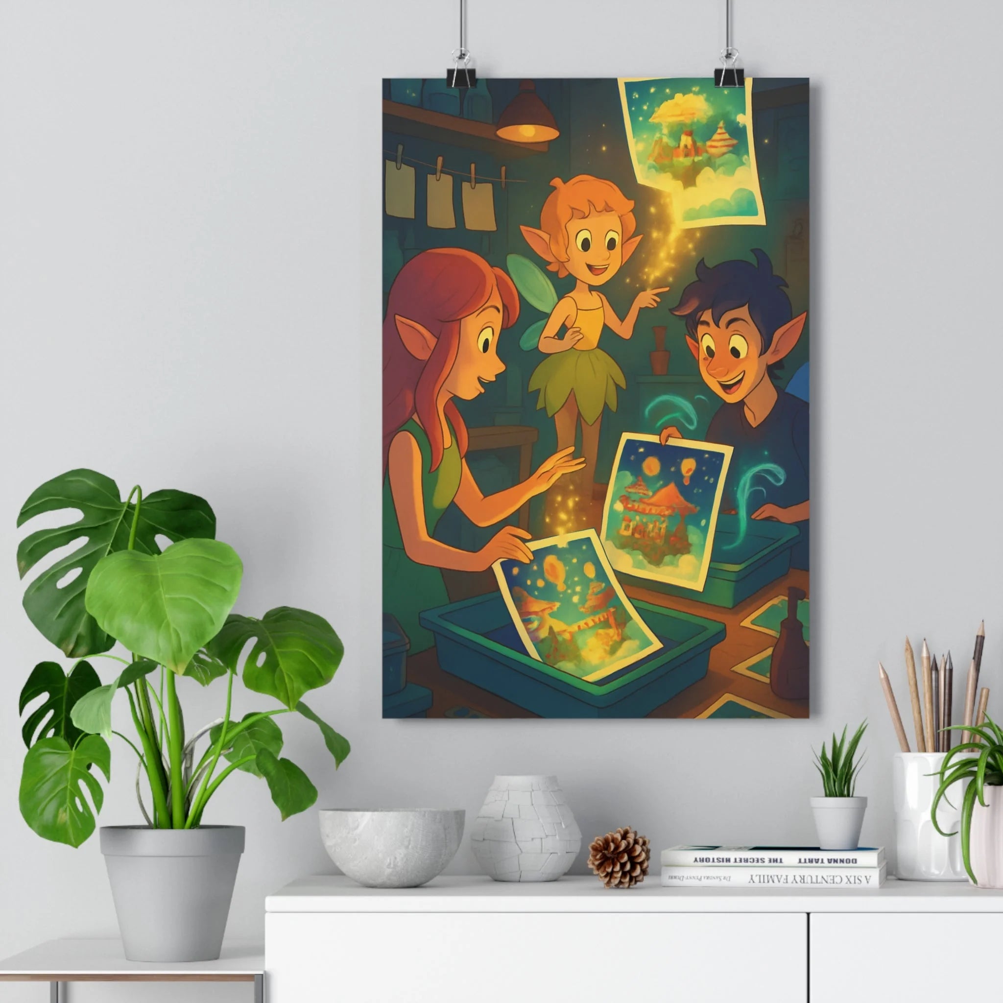 Poster décoratif fantastique féerique lumineux magique bleu doré salon chambre enfant atelier ambiance chaleureuse