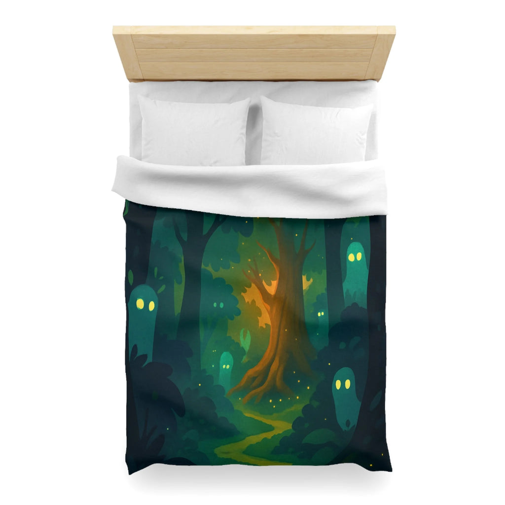 Housse de couette mystérieuse forêt enchantée avec esprits lumineux et sentier sinueux
