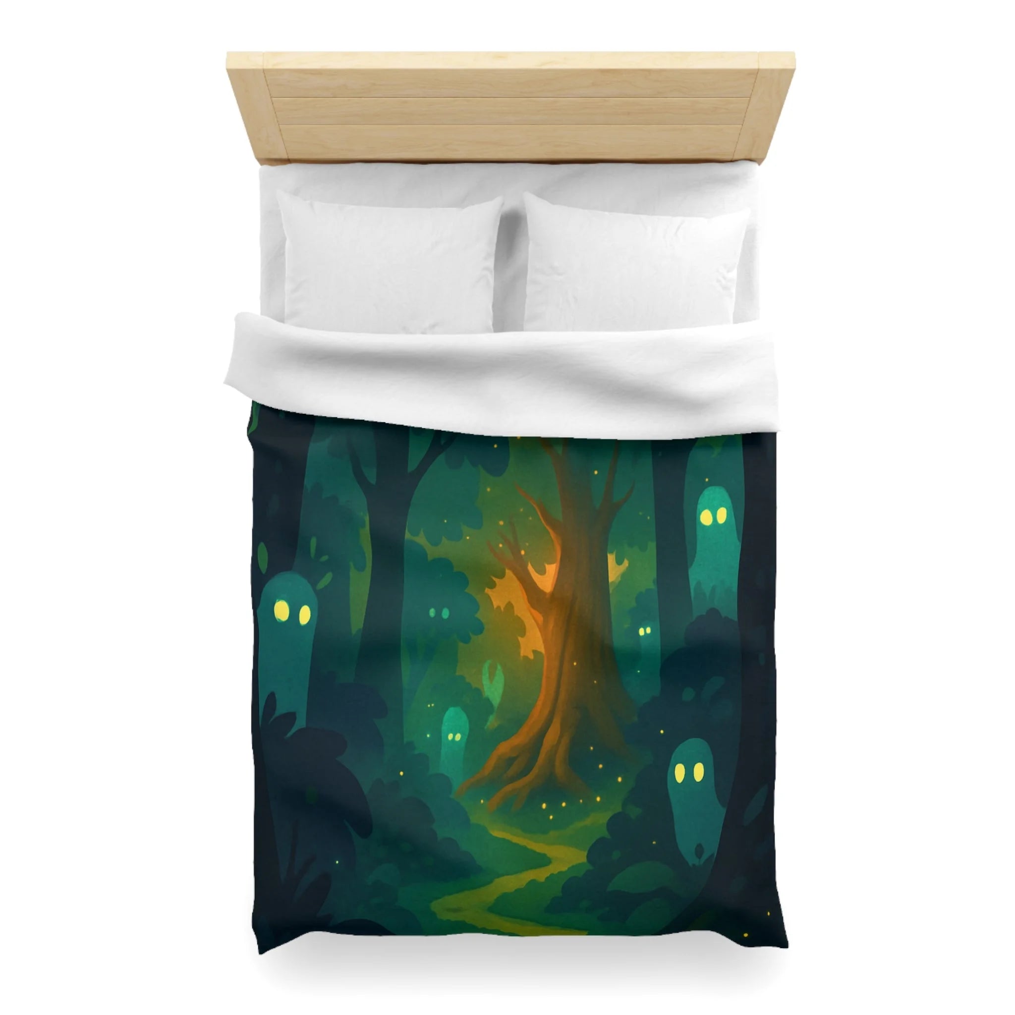 Housse de couette mystérieuse forêt enchantée avec esprits lumineux et sentier sinueux