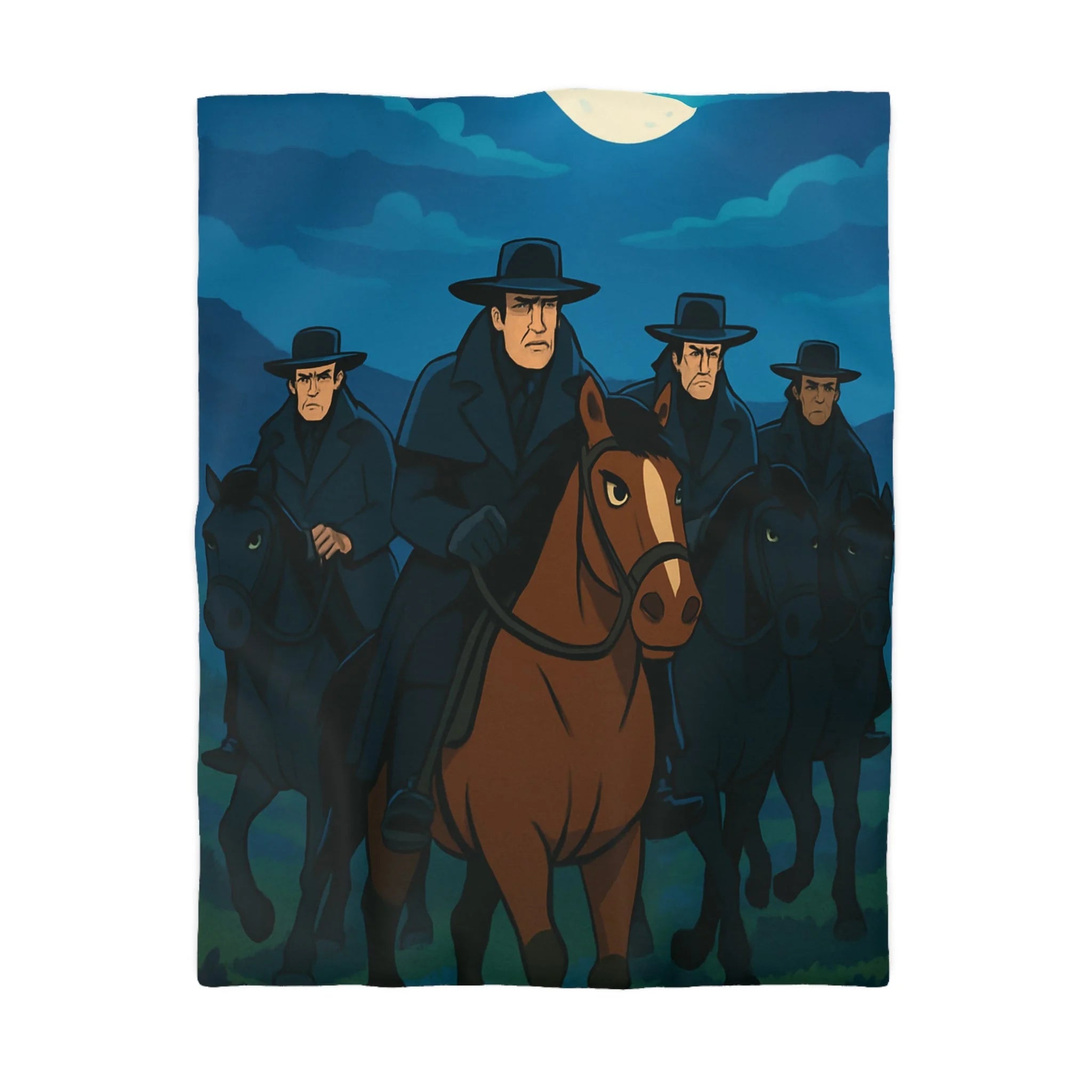Housse de couette paysage nocturne cavalier sur cheval brun sous lune pleine