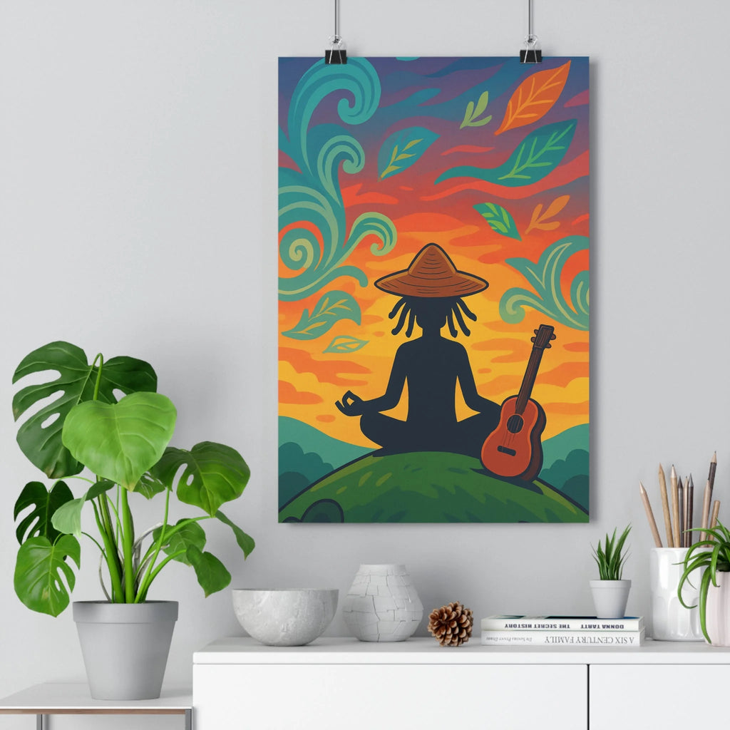 Poster décoratif méditation silhouette cartoon vibrant bleu vert orange salon chambre zen nature ambiance