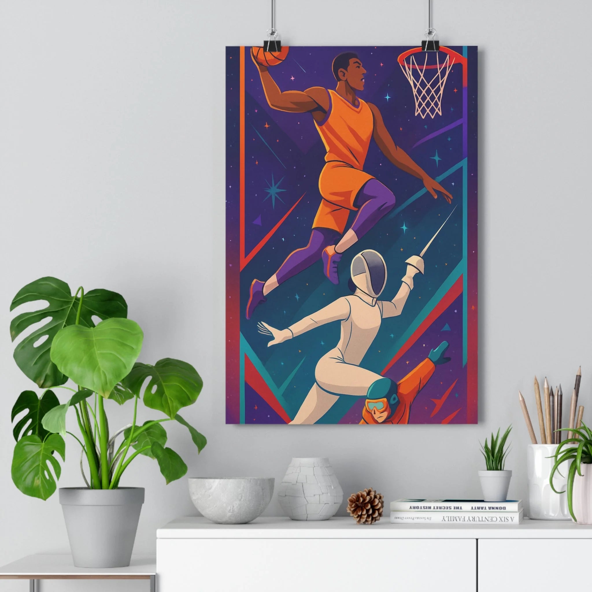 Poster décoratif dessin animé orange bleu violet sportif dynamique salon chambre bureau athlètes mouvement
