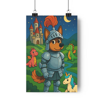 Poster chien chevalier dragons licorne château foret rivière nuit etoiles lune verts bleus rouges cartoon fantastique enfantine chambre