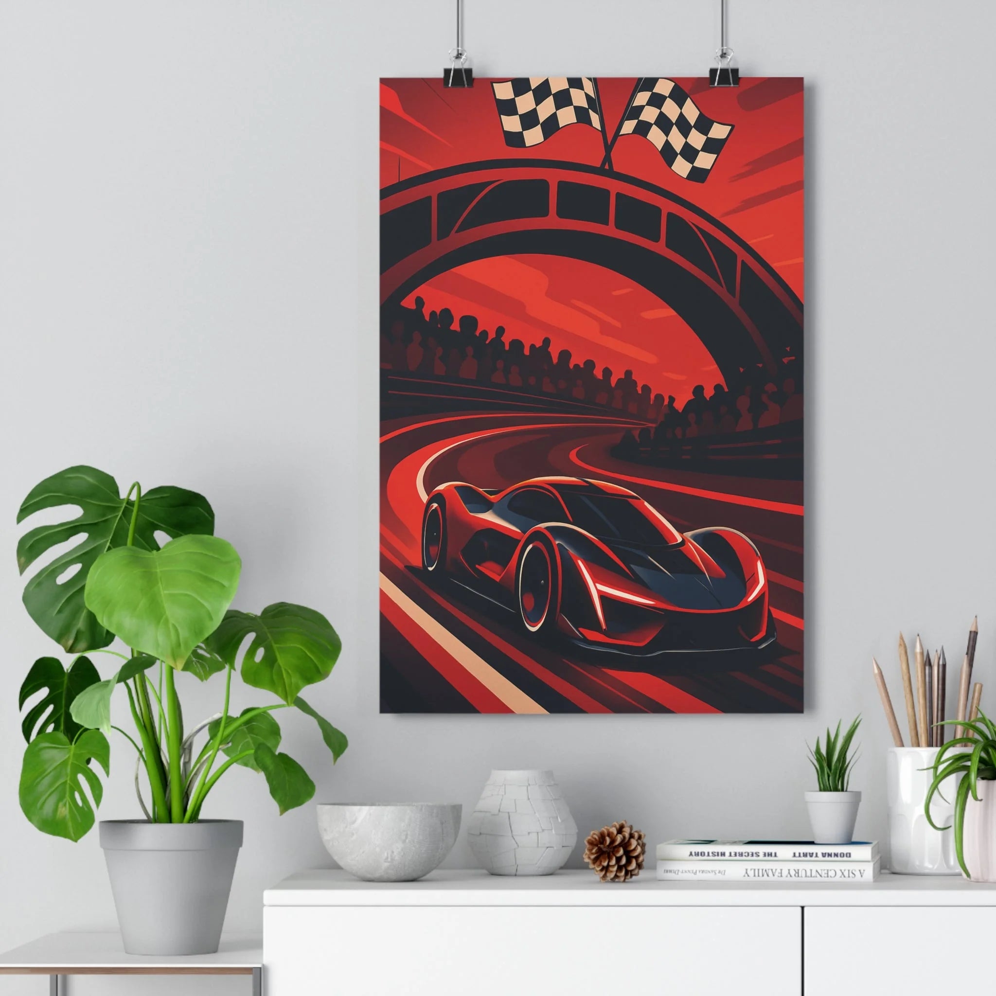 Poster décoratif futuriste voiture rouge noir dessin animé course sport énergie adolescent chambre qualité