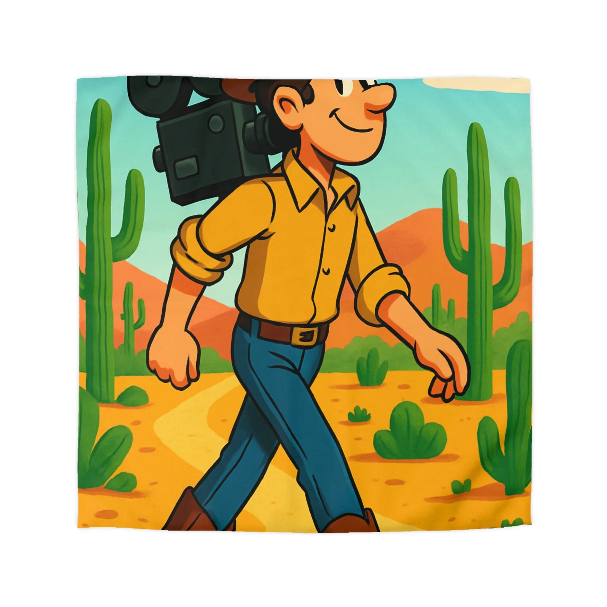 Housse de couette western cowboy dessin animé, désert cactus rétro style vibrant