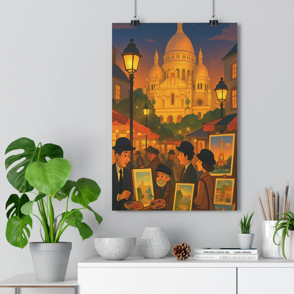 Poster décoratif cartoon nostalgique chaleureux salon bureau artistes Montmartre peinture illuminé couleurs scène ambiance