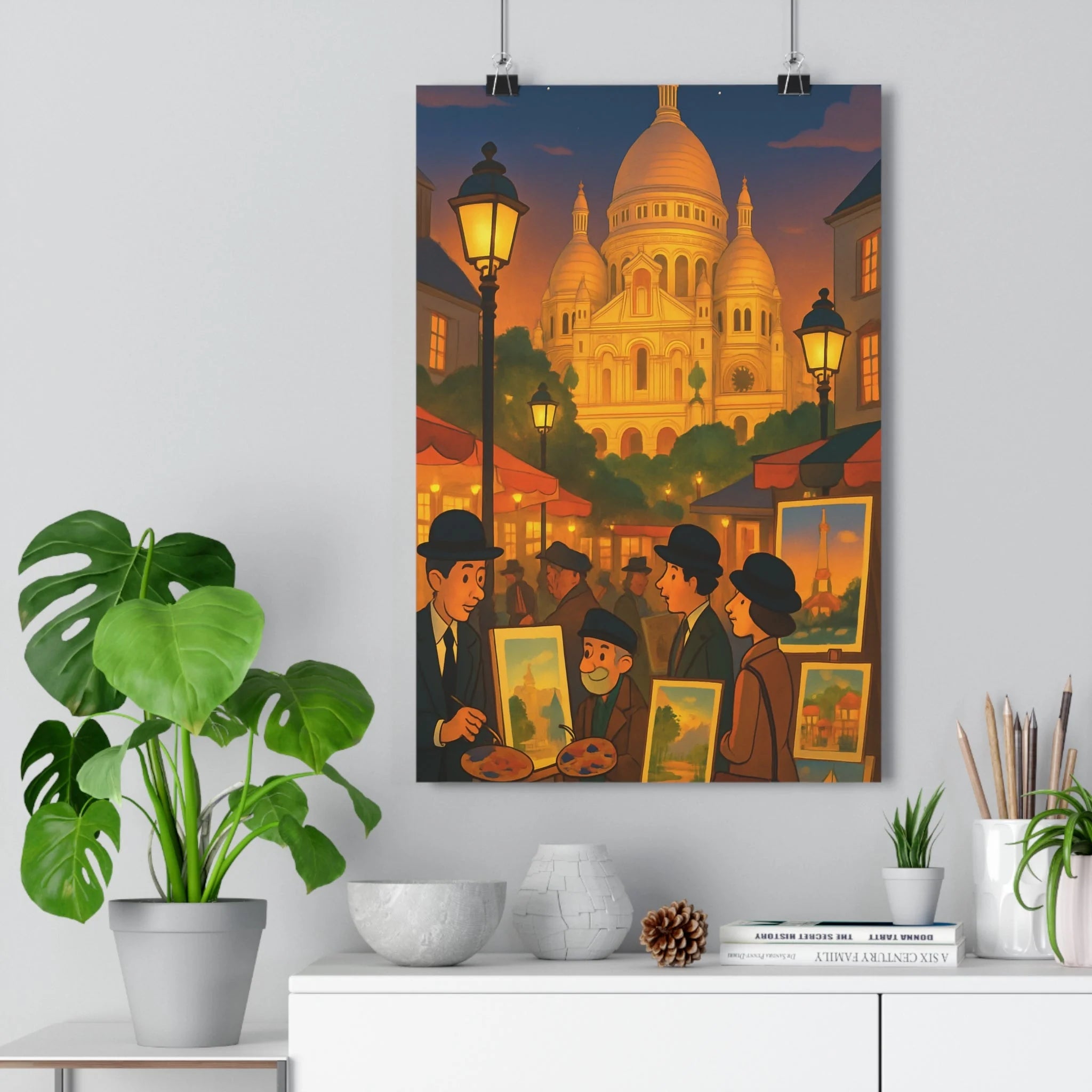 Poster décoratif cartoon nostalgique chaleureux salon bureau artistes Montmartre peinture illuminé couleurs scène ambiance