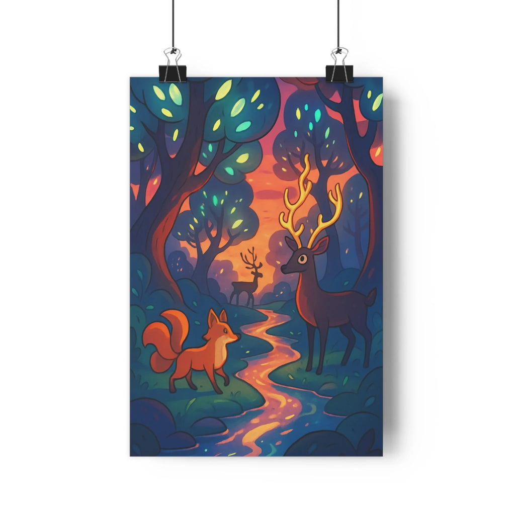 Poster décoratif enchanteur forêt crépuscule bleu rose magique chambre salon nature paisible animaux lumineux