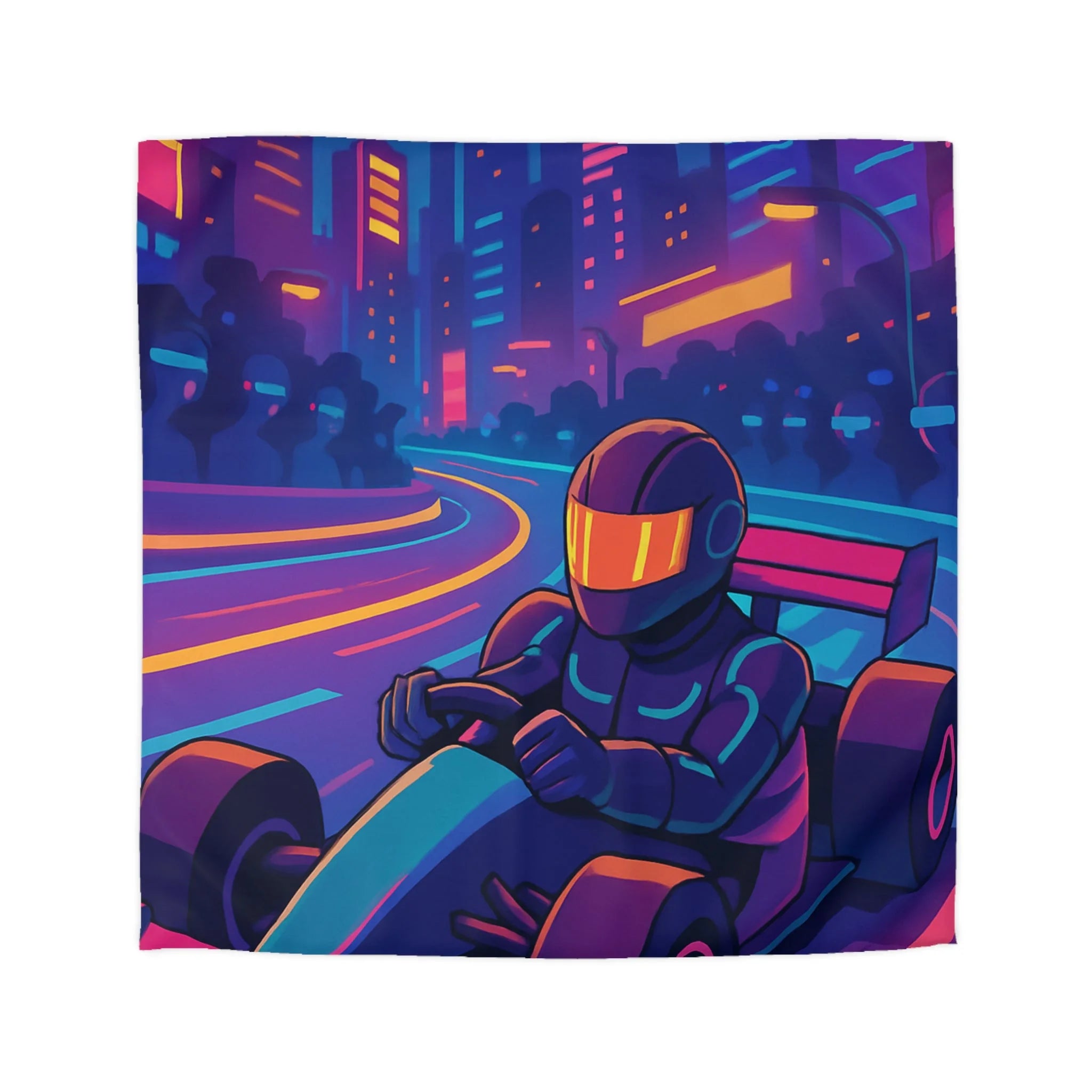 Housse de couette néon style rétro futuriste avec pilote de course en ville