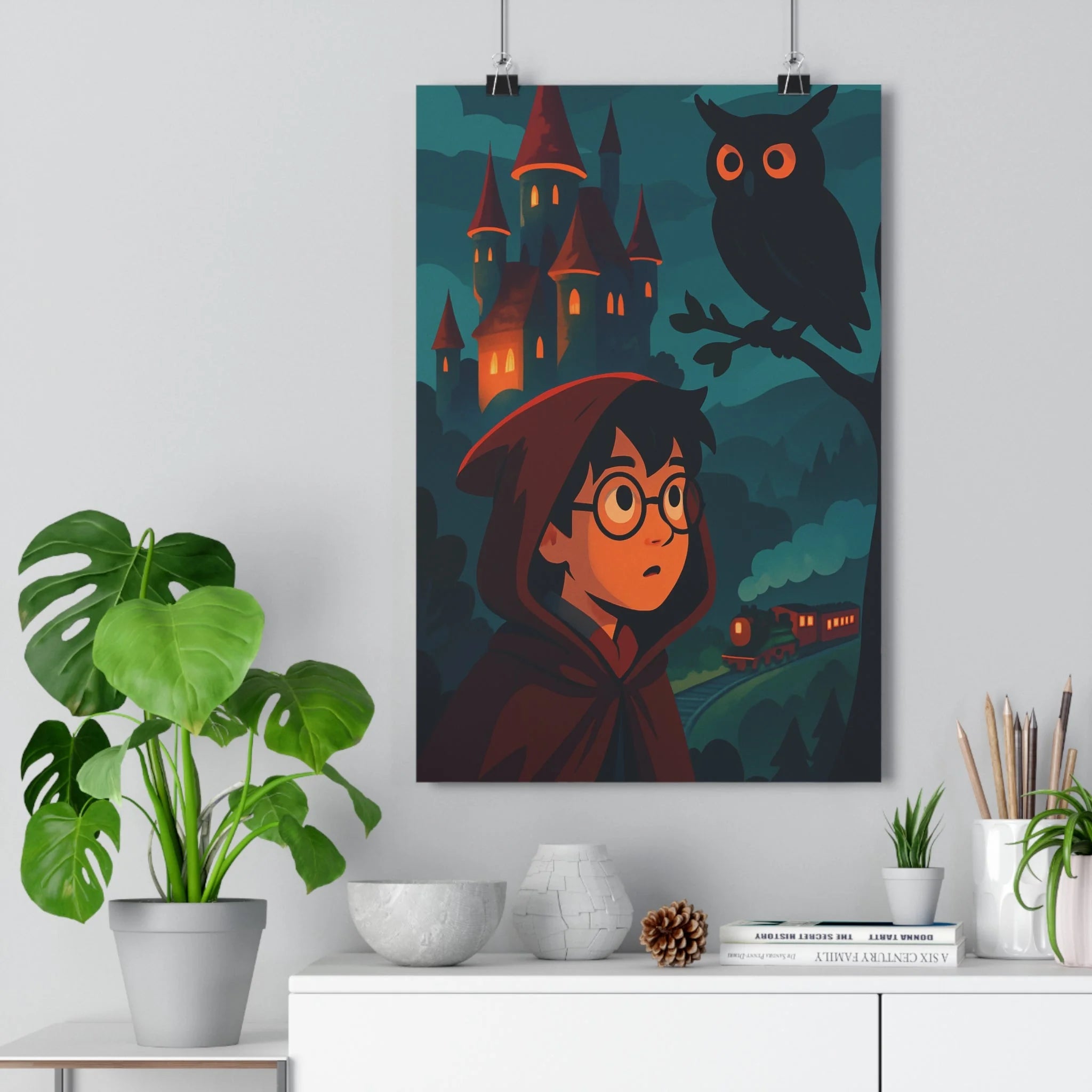 Poster décoratif mystérieux château rouge nocturne cartoon enfant chambre aventure magique hibou train qualité