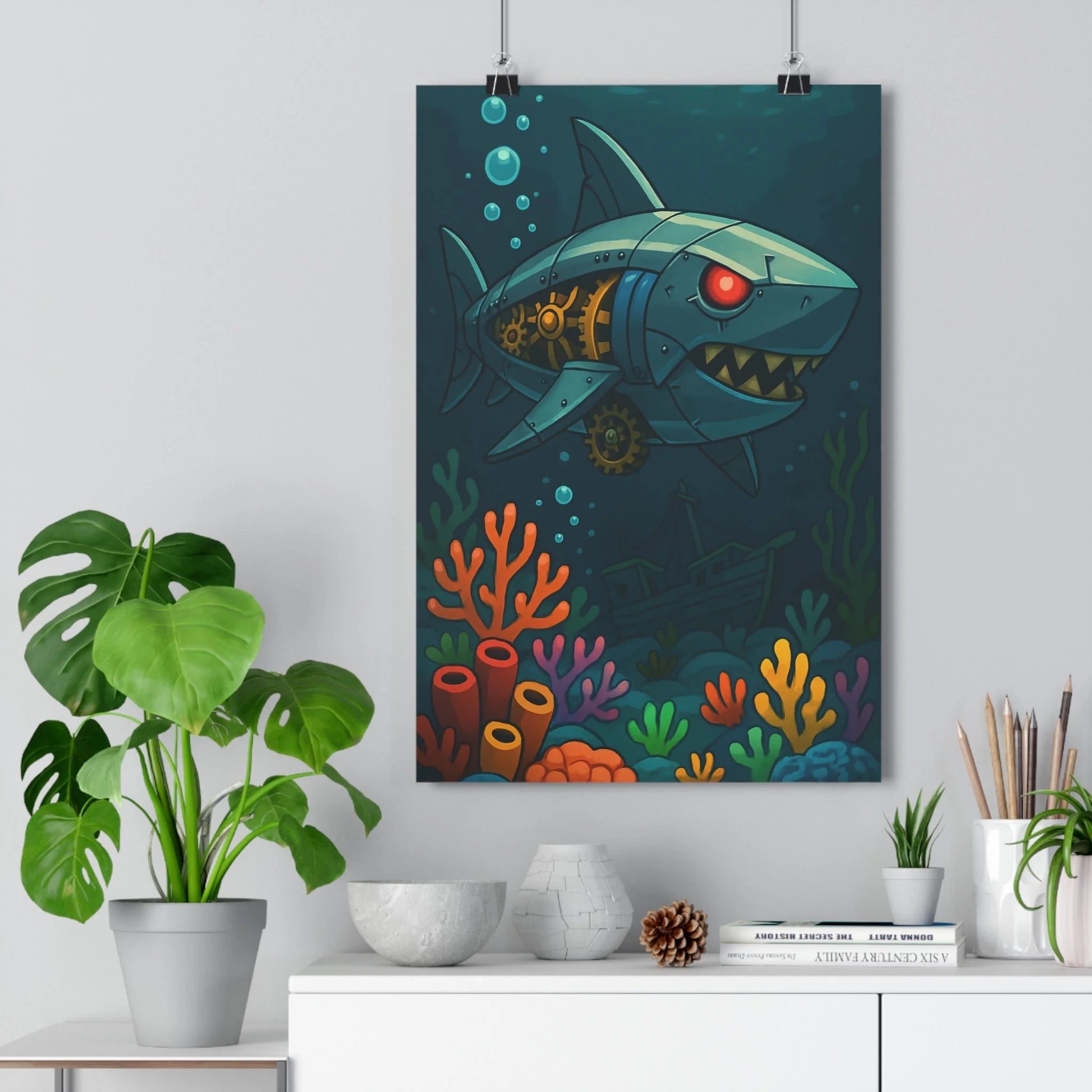 Poster décoratif steampunk marin requin mécanique corail coloré mystère salon bureau unique vibrant ambiance