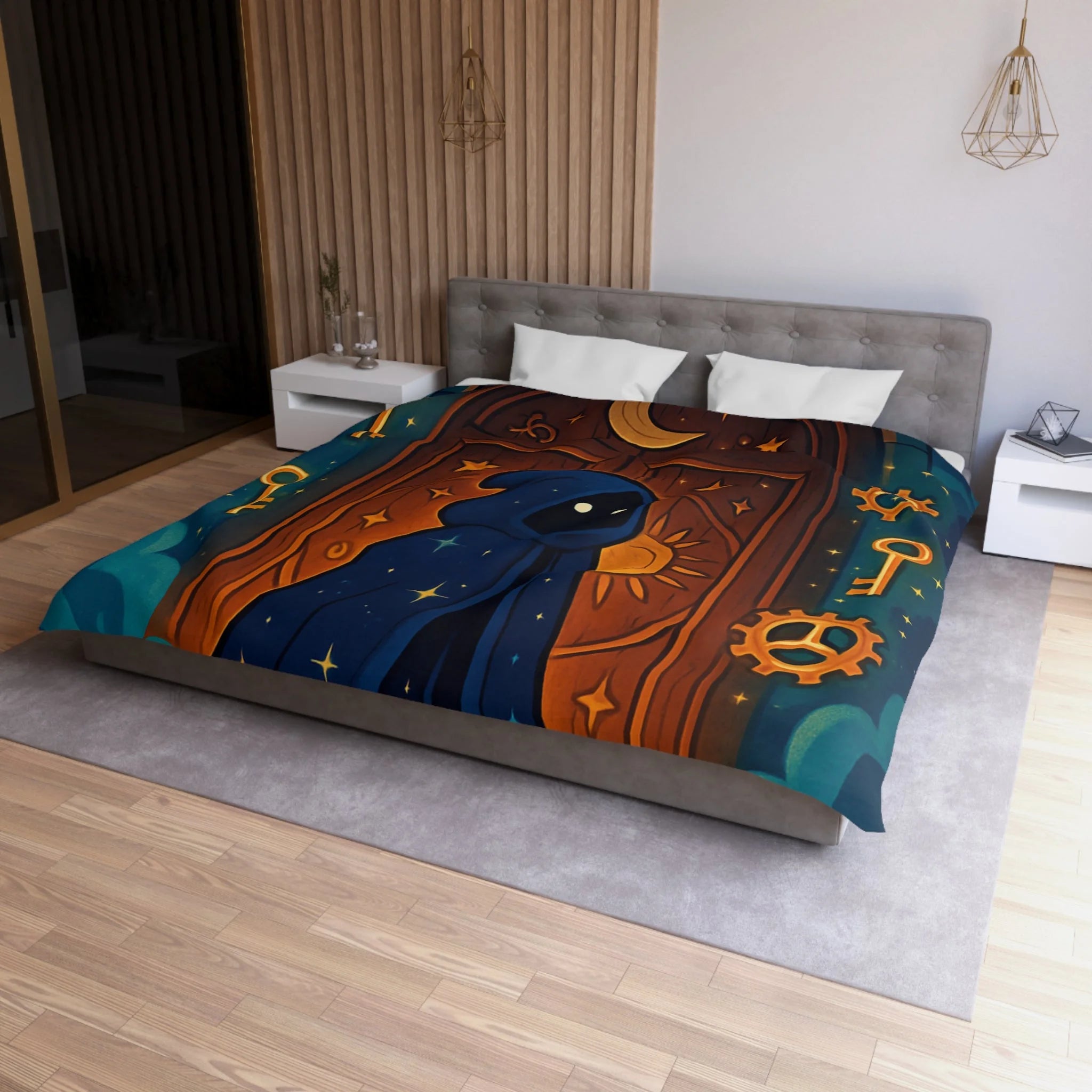 Housse de couette mystique avec capuche étoilée, porte magique et clés dorées