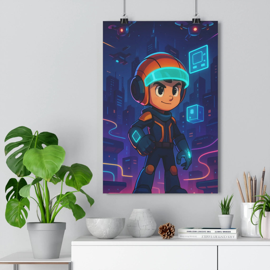 Poster décoratif futuriste bleu orange violet chambre gamer dynamique néons cyberanime 30x46 cm qualité