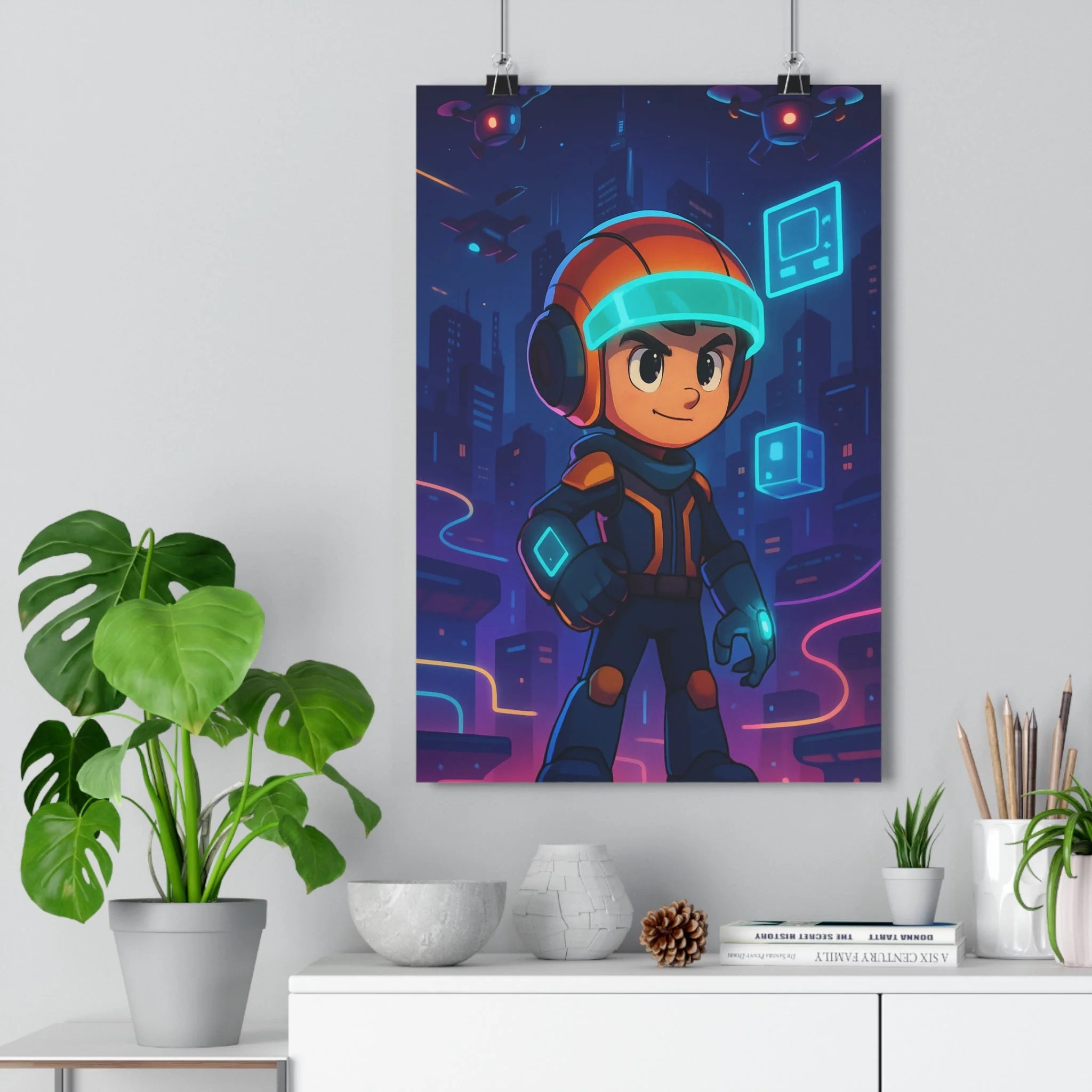 Poster décoratif futuriste bleu orange violet chambre gamer dynamique néons cyberanime 30x46 cm qualité