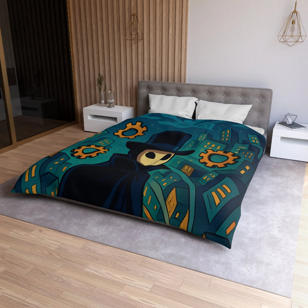 Housse de couette mystérieuse avec personnage masqué, engrenages dorés et ville nocturne