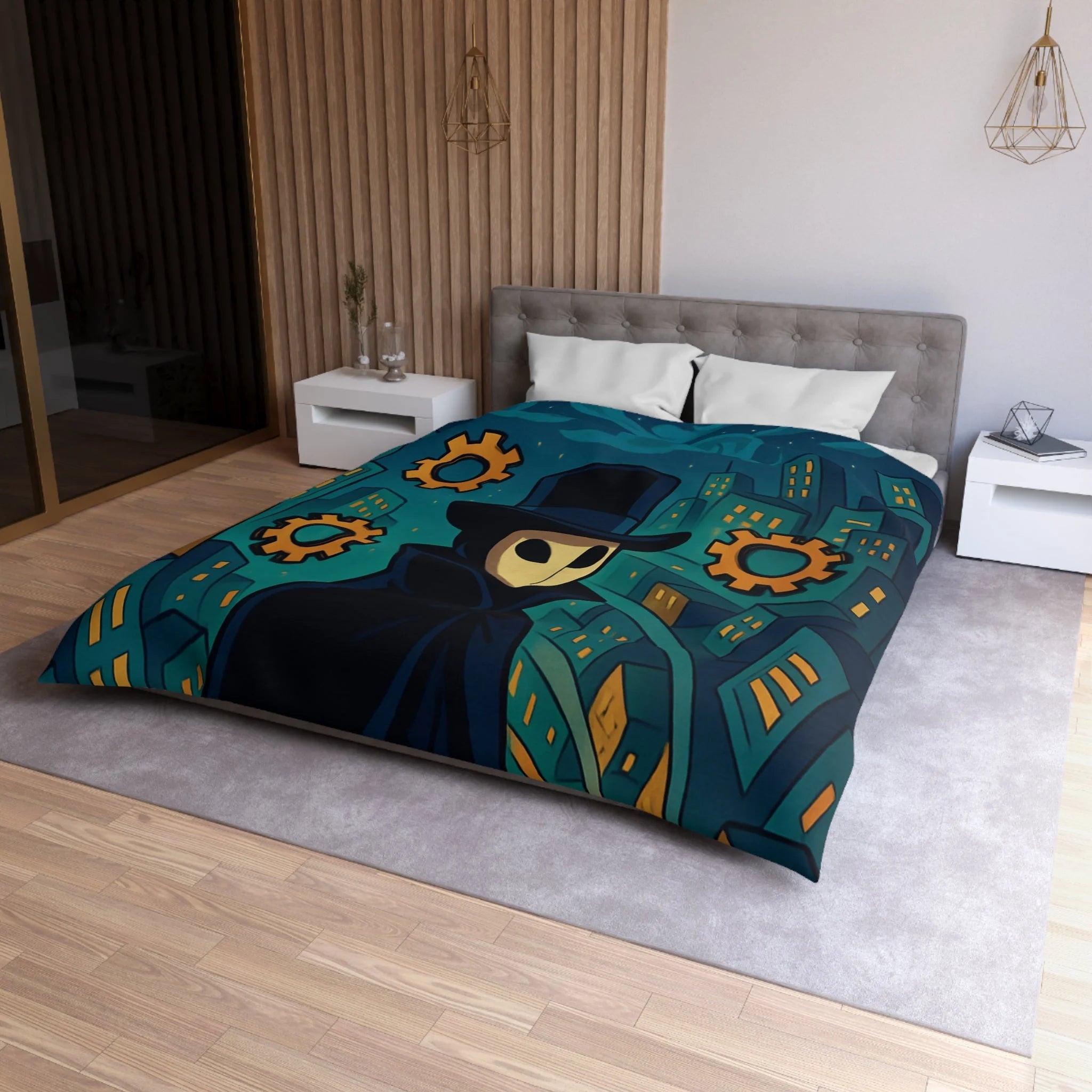 Housse de couette mystérieuse avec personnage masqué, engrenages dorés et ville nocturne