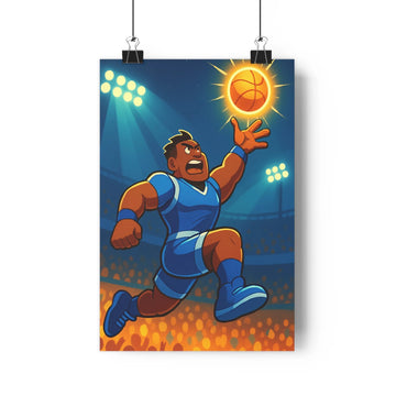 Poster basketball joueur saut ballon lumineux stade projecteurs bleu orange dynamique intense cartoon chambre salon